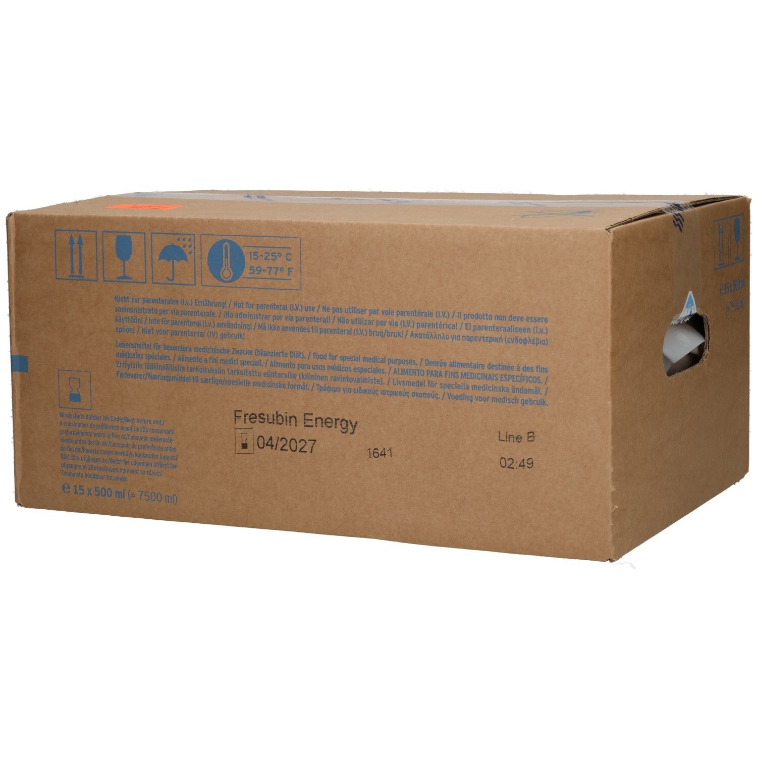 Kartonverpackung mit 15 x 500 ml Fresubin Energy Flaschen, Rückseite mit Produktinformationen.