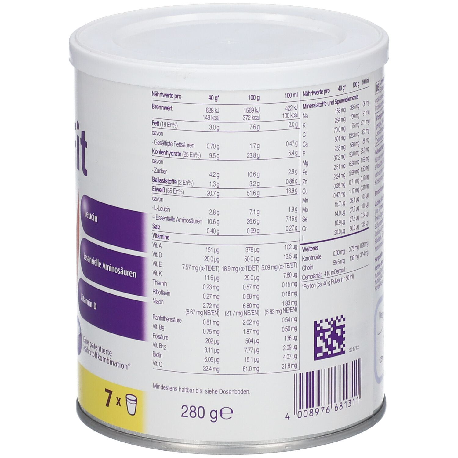 FortiFit Vanille-Dose mit Nährwertangaben und Zutatenliste. 280g.