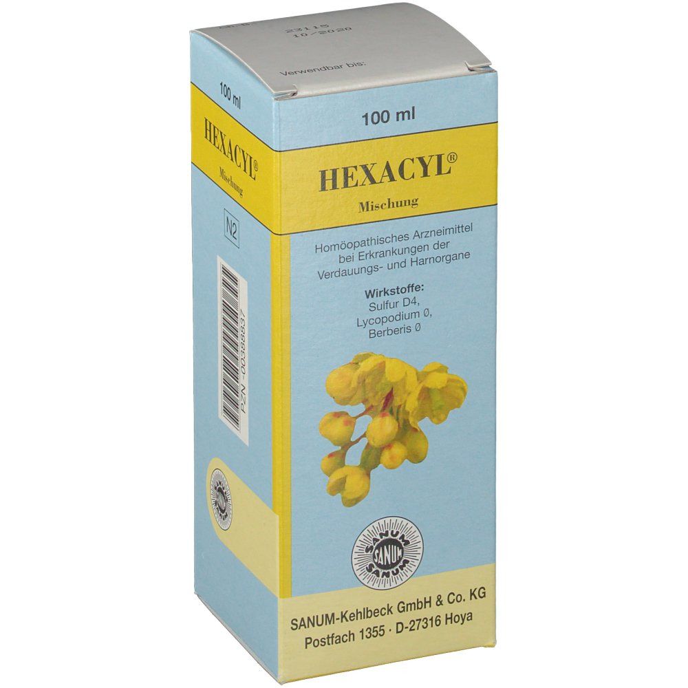 Hellblaue Schachtel mit gelben Akzenten. Aufschrift HEXACYL, 100 ml. Enthält Wirkstoffe wie Sulfur D4. Sanum-Logo.