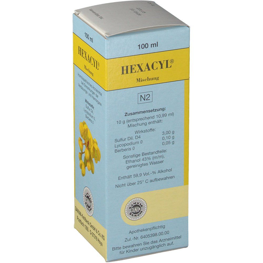 Hellblaue Schachtel mit gelben Akzenten. Aufschrift HEXACYL, 100 ml. Enthält Wirkstoffe und Zusammensetzung. Sanum-Logo.