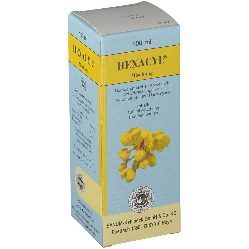 Hellblaue Schachtel mit gelben Akzenten. Aufschrift HEXACYL, 100 ml. Enthält Wirkstoffe. Sanum-Logo. Inhalt: 100 ml Mischung.