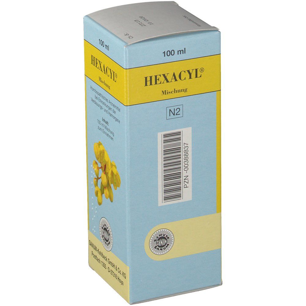 Hellblaue Schachtel mit gelben Akzenten. Aufschrift HEXACYL, 100 ml. Enthält Wirkstoffe. Sanum-Logo. PZN-Nummer.