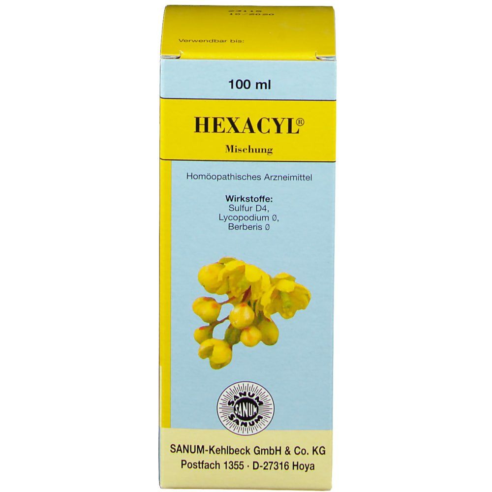 Gelb-blaue Schachtel mit Aufschrift HEXACYL, 100 ml. Enthält Wirkstoffe wie Sulfur D4. Sanum-Logo. Homöopathisches Arzneimittel.