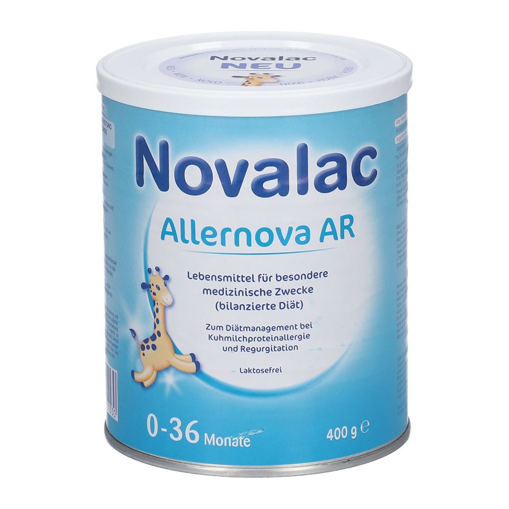 Dose Novalac Allernova AR, 400g, für 0-36 Monate. Blaue Dose mit Produktnamen und Giraffen-Illustration.