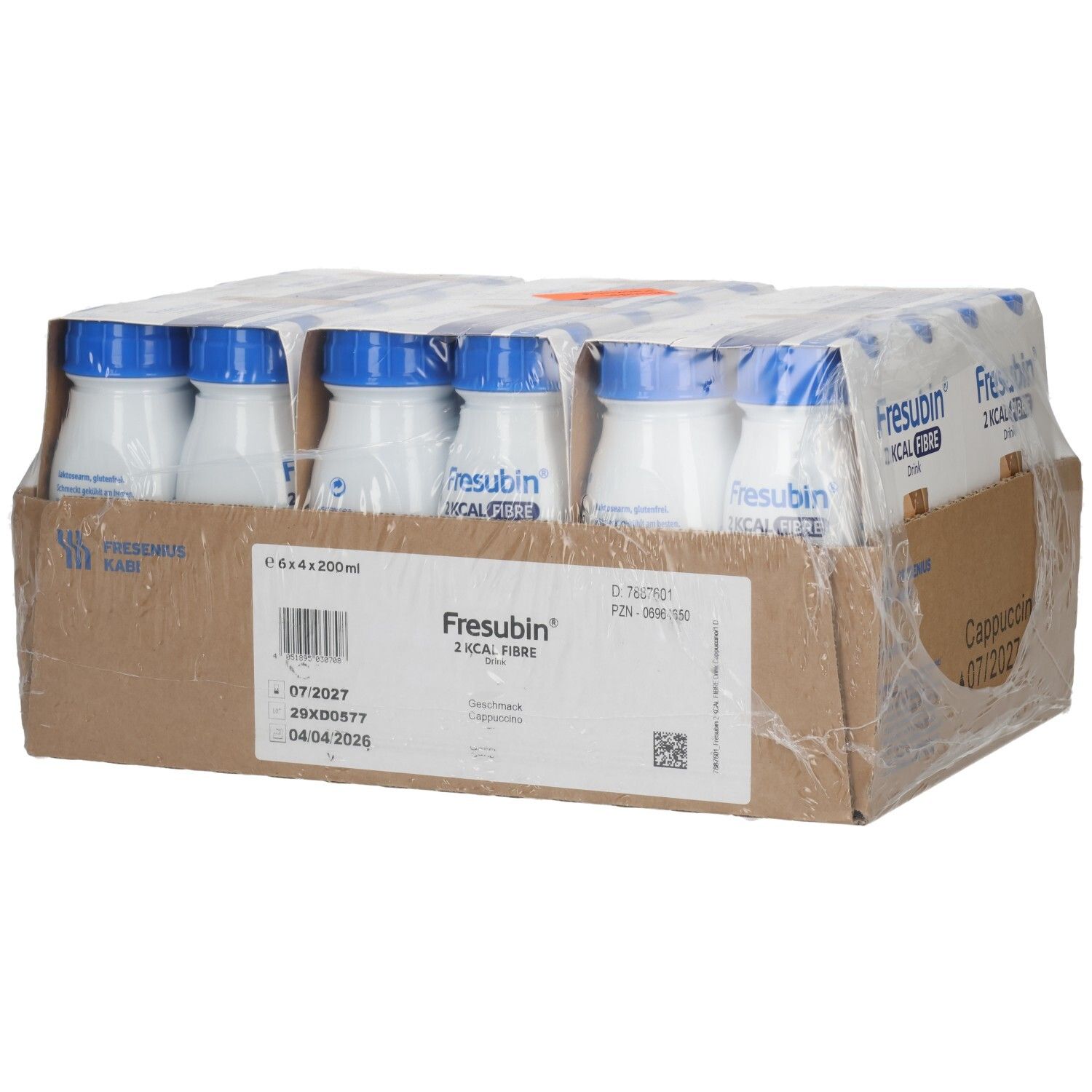 Verpackung mit 6 Flaschen Fresubin 2 Kcal Fibre Drink, Cappuccino.
