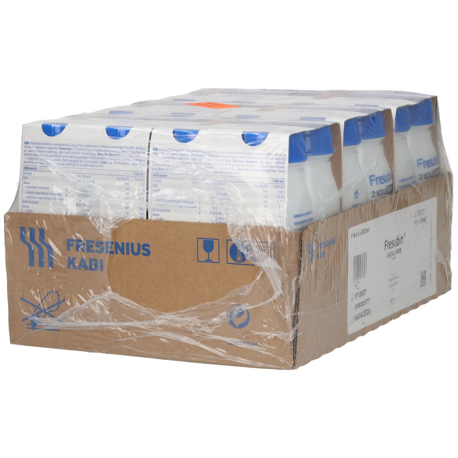 Rückseite einer Verpackung mit 6 Flaschen Fresubin 2 Kcal Fibre Drink.