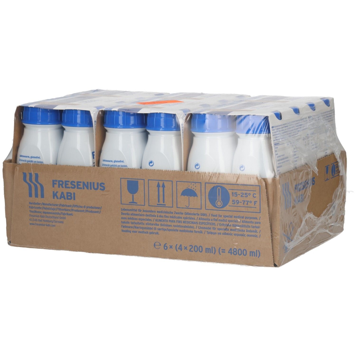 Verpackung mit 6 Flaschen Fresubin 2 Kcal Fibre Drink, mit Lagerungshinweisen.
