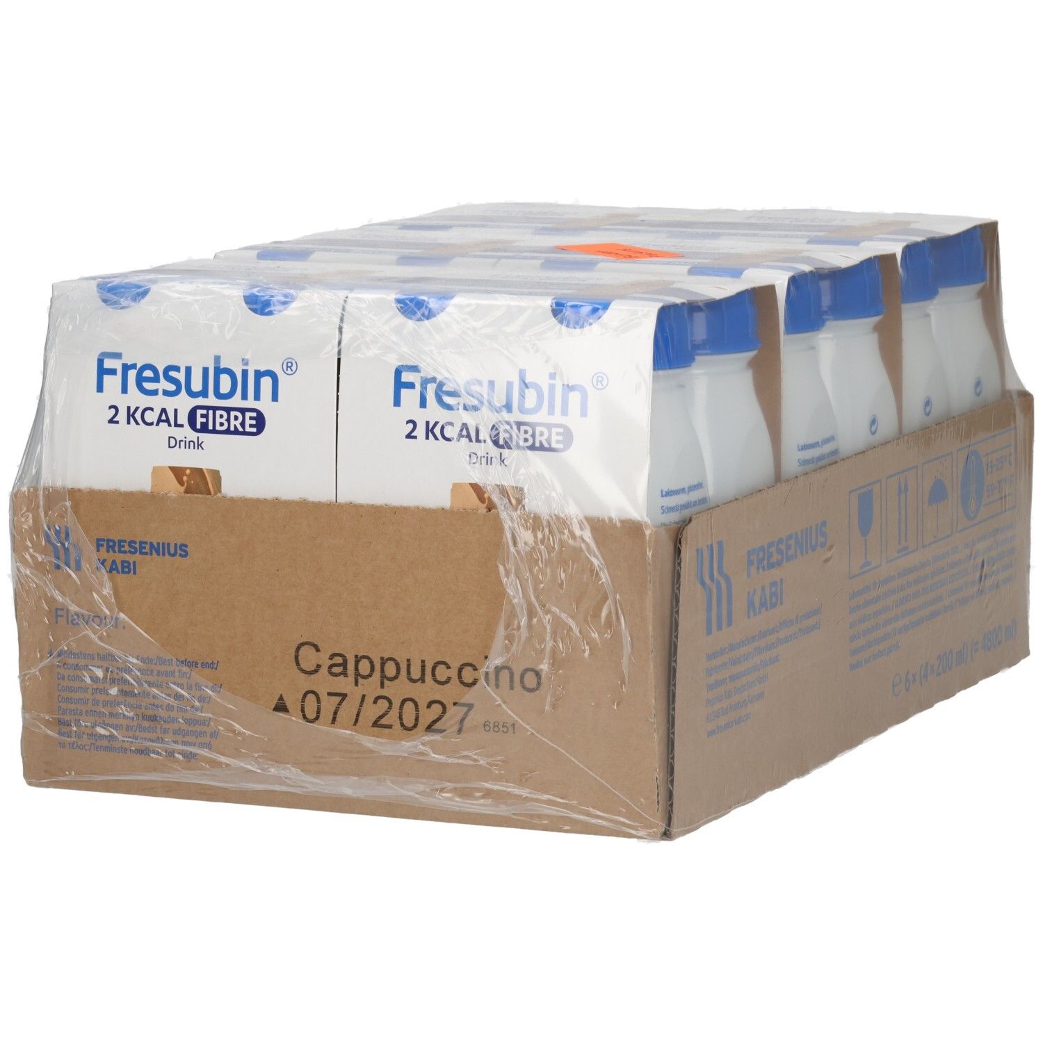Vorderseite einer Verpackung mit 6 Flaschen Fresubin 2 Kcal Fibre Drink, Cappuccino.
