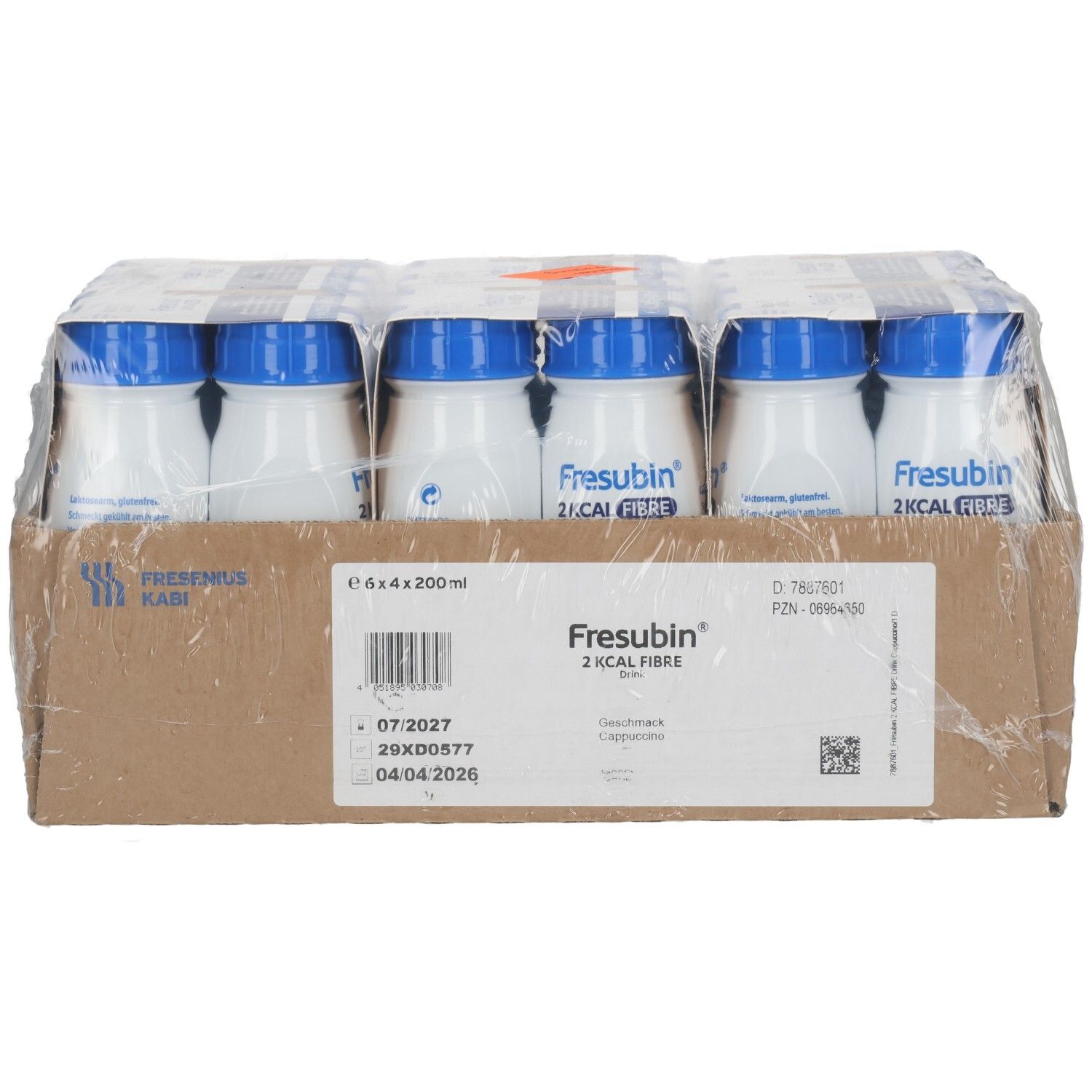 Verpackung mit 6 Flaschen Fresubin 2 Kcal Fibre Drink, Cappuccino, mit Etikett.
