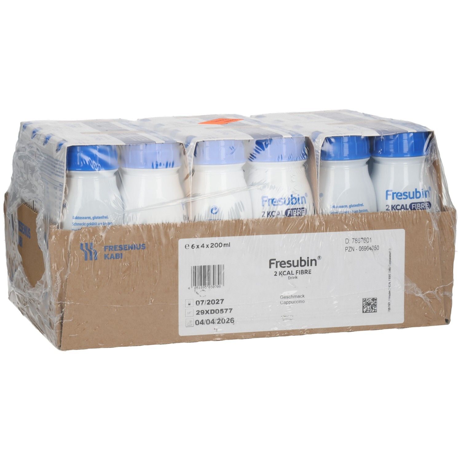 Verpackung mit 6 Flaschen Fresubin 2 Kcal Fibre Drink, Cappuccino, mit Haltbarkeitsdatum.