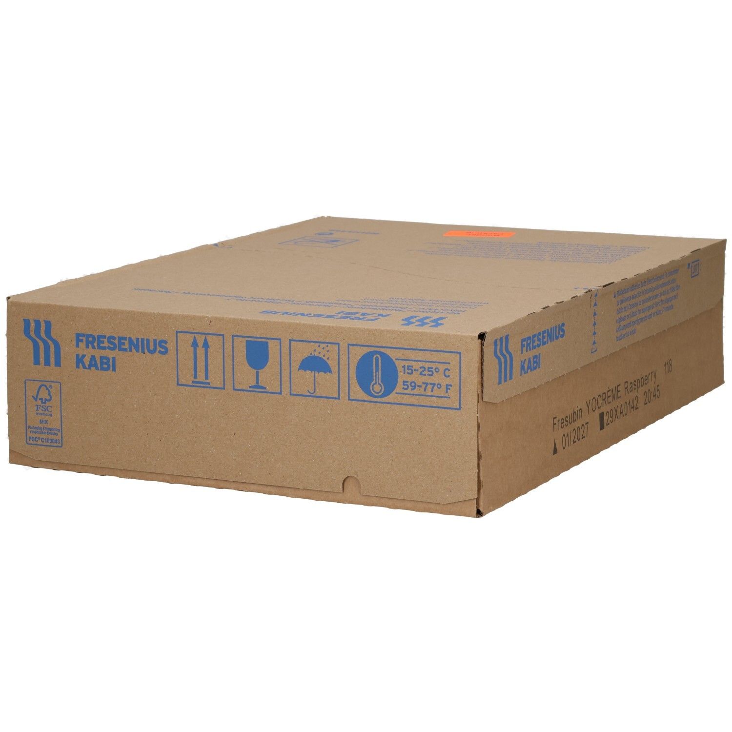 Kartonverpackung mit Handhabungssymbolen und Temperaturangabe.