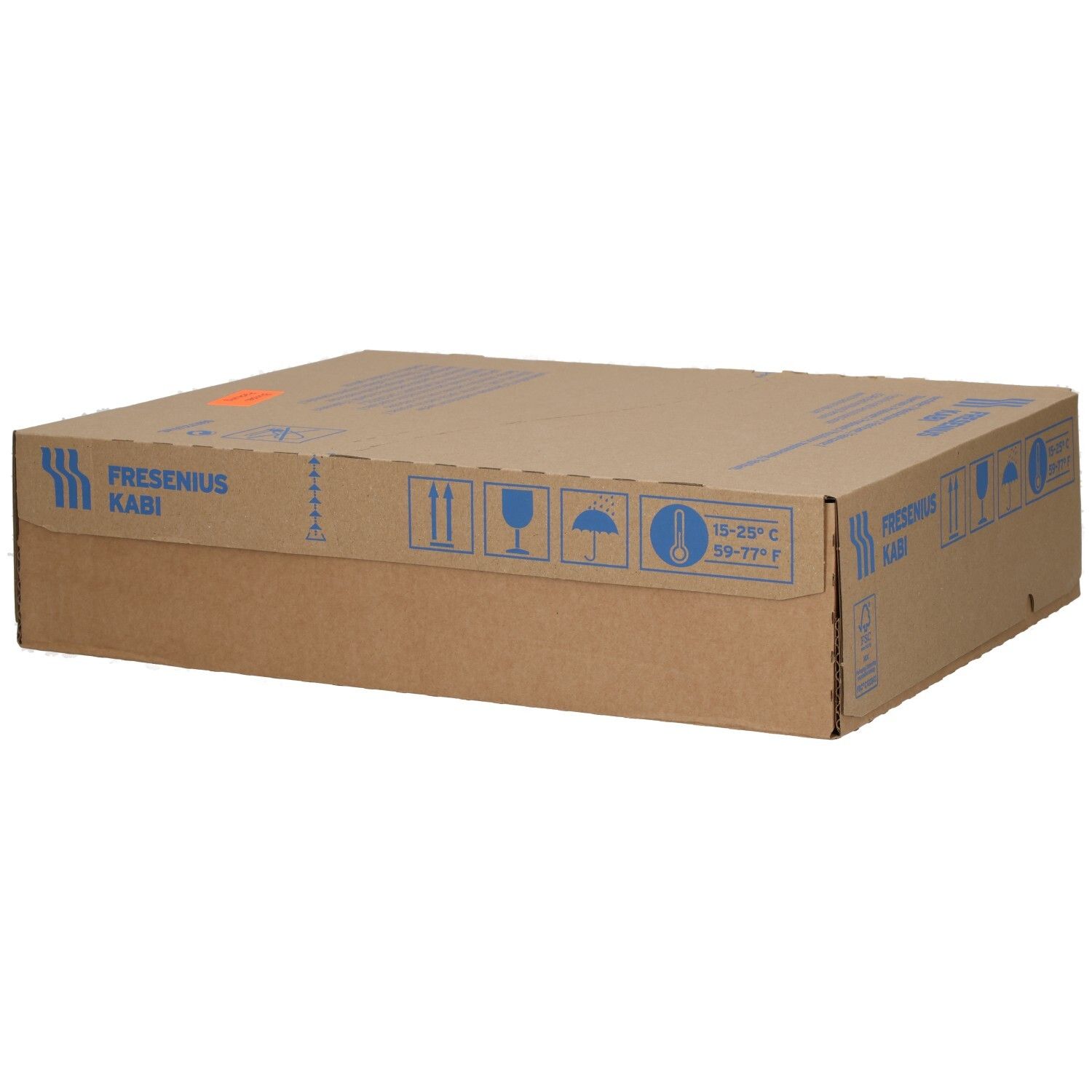 Kartonverpackung mit Handhabungssymbolen und Temperaturangabe.