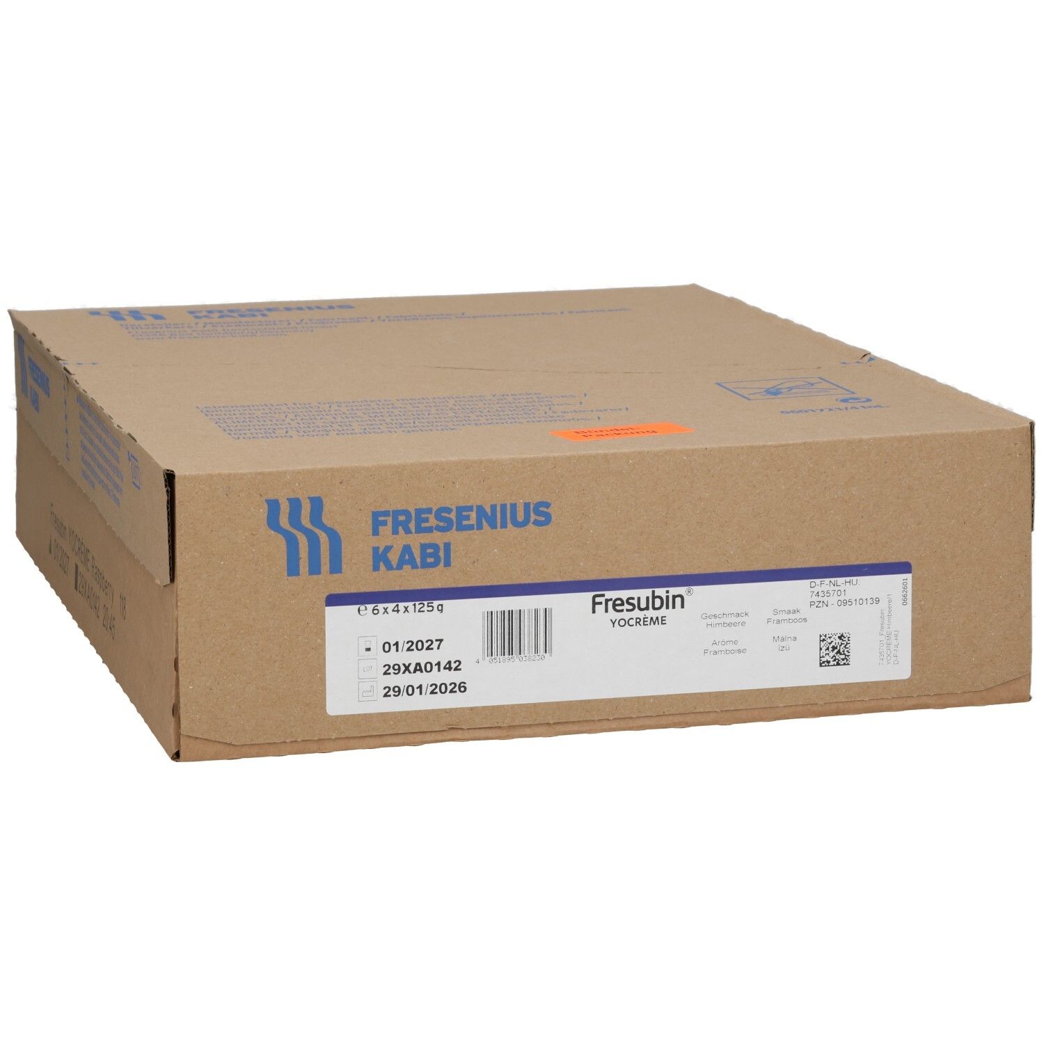 Fresubin Yocreme Karton mit 6x125g Angabe und Chargennummer.