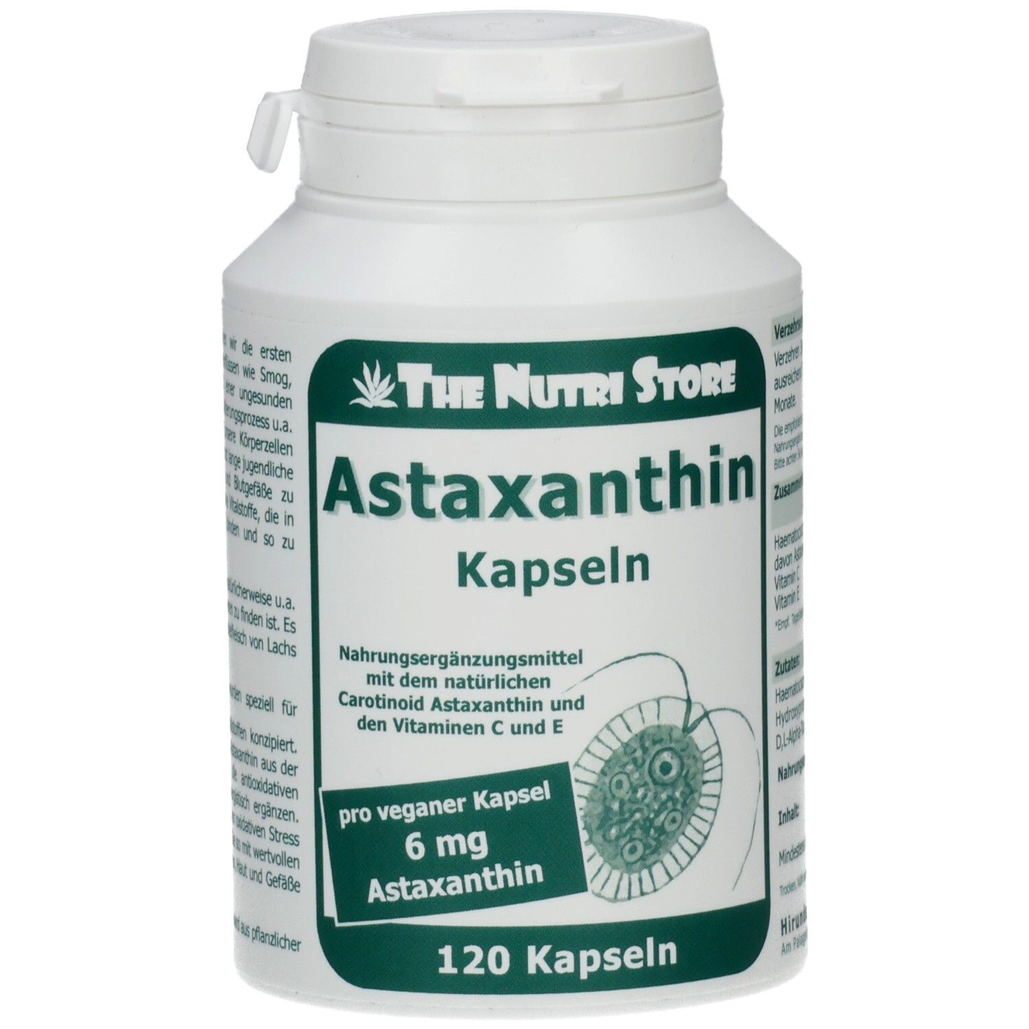 Weiße Flasche mit Astaxanthin Kapseln. Aufschrift: The Nutri Store, Astaxanthin Kapseln, 6 mg, 120 Kapseln.