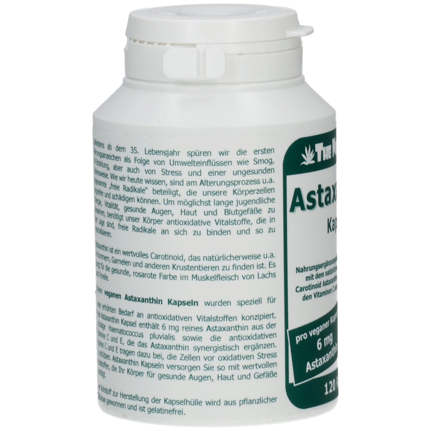 Weiße Flasche mit Astaxanthin Kapseln. Text auf der Rückseite. Aufschrift: The Nutri Store, Astaxanthin Kapseln, 6 mg, 120 Kapseln.