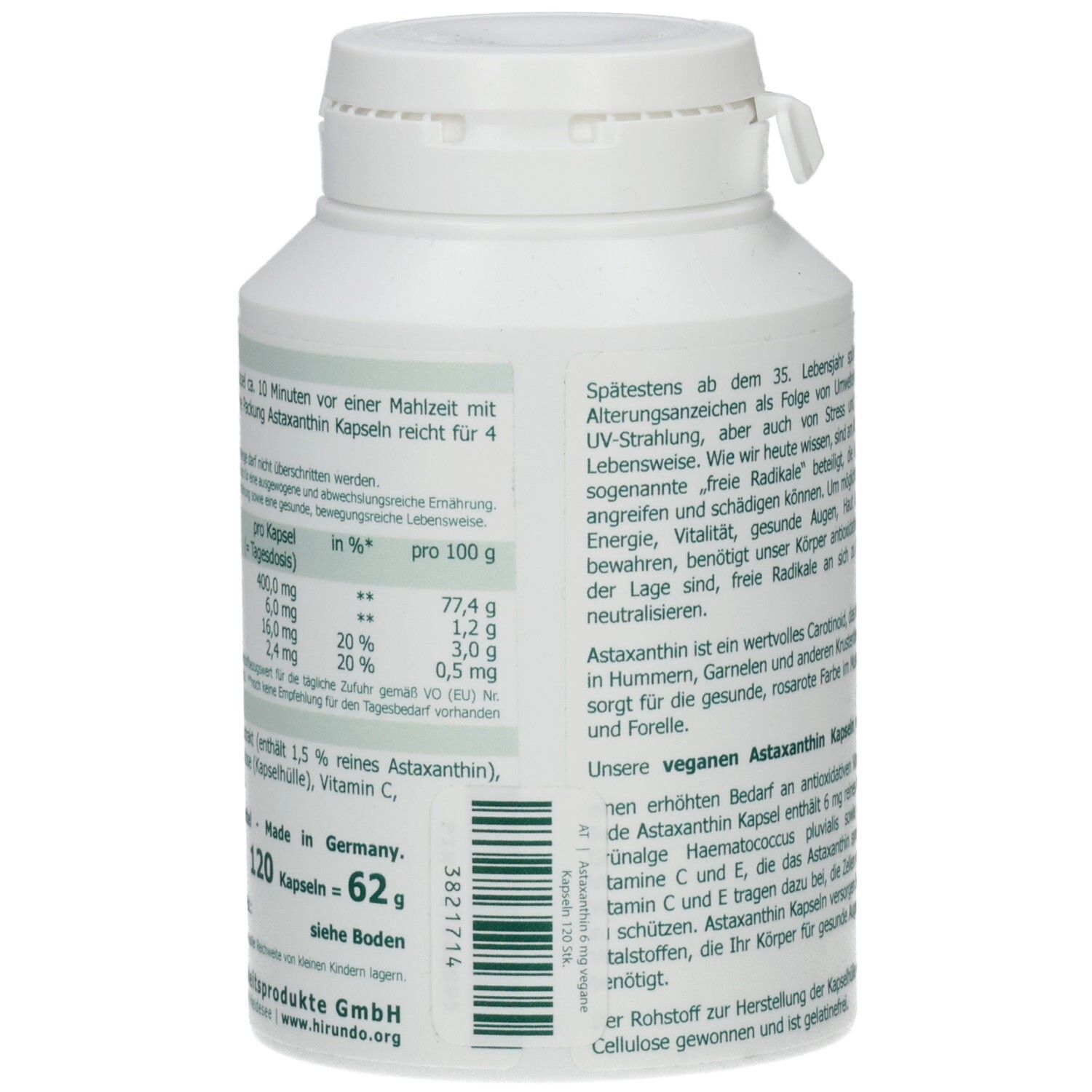Weiße Flasche mit Astaxanthin Kapseln. Rückseite mit Text und Nährwertangaben. 120 Kapseln, 62 g.