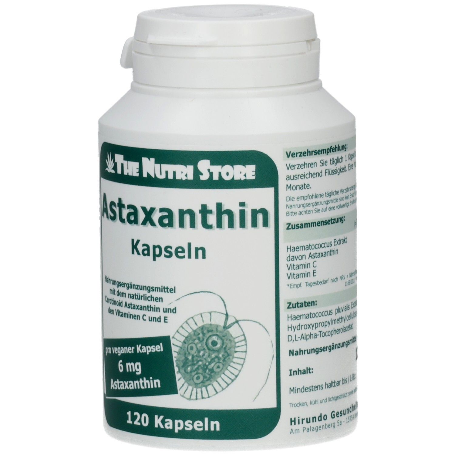 Weiße Flasche mit Astaxanthin Kapseln. Aufschrift: The Nutri Store, Astaxanthin Kapseln, 6 mg, 120 Kapseln.