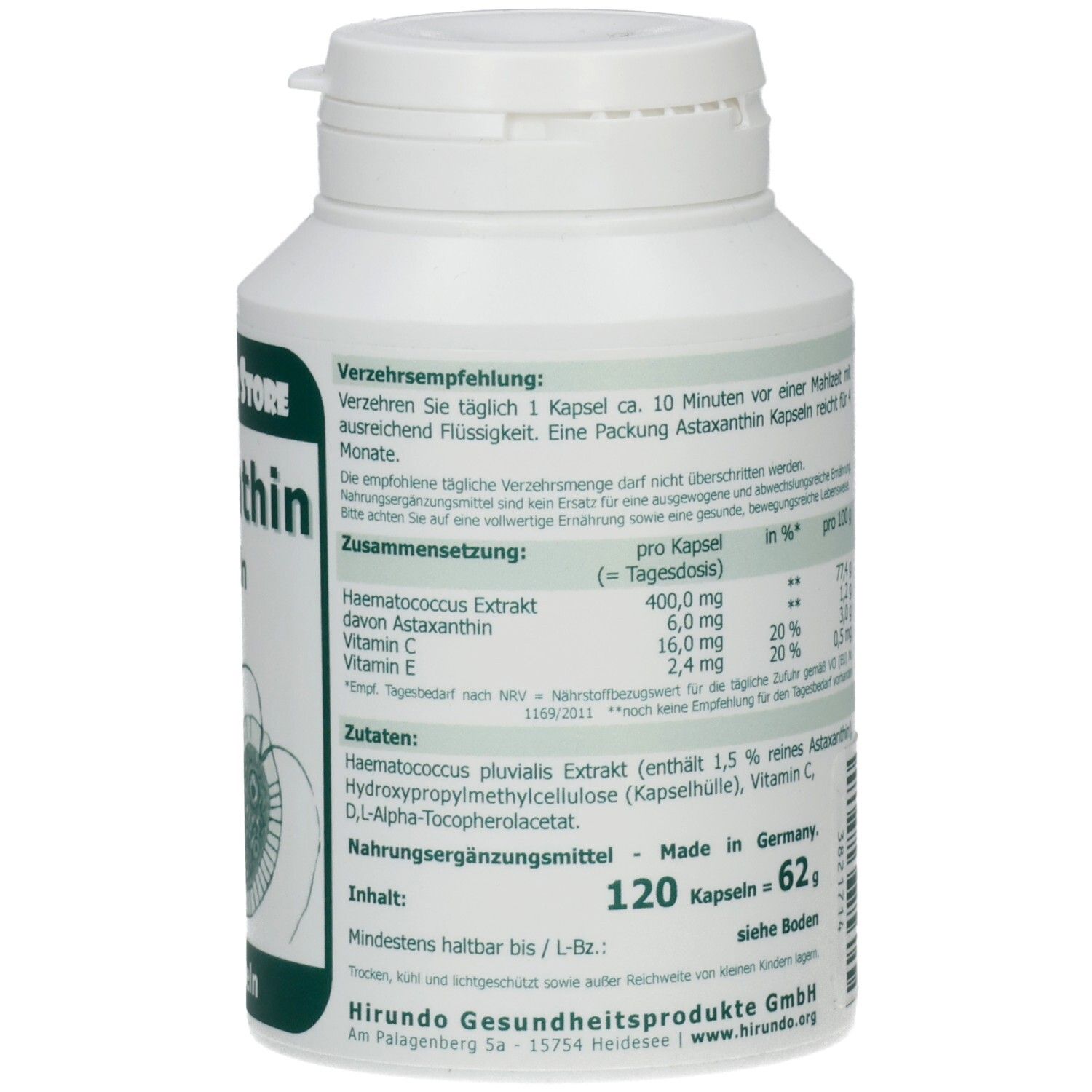 Weiße Flasche mit Astaxanthin Kapseln. Rückseite mit Text und Nährwertangaben. 120 Kapseln, 62 g.
