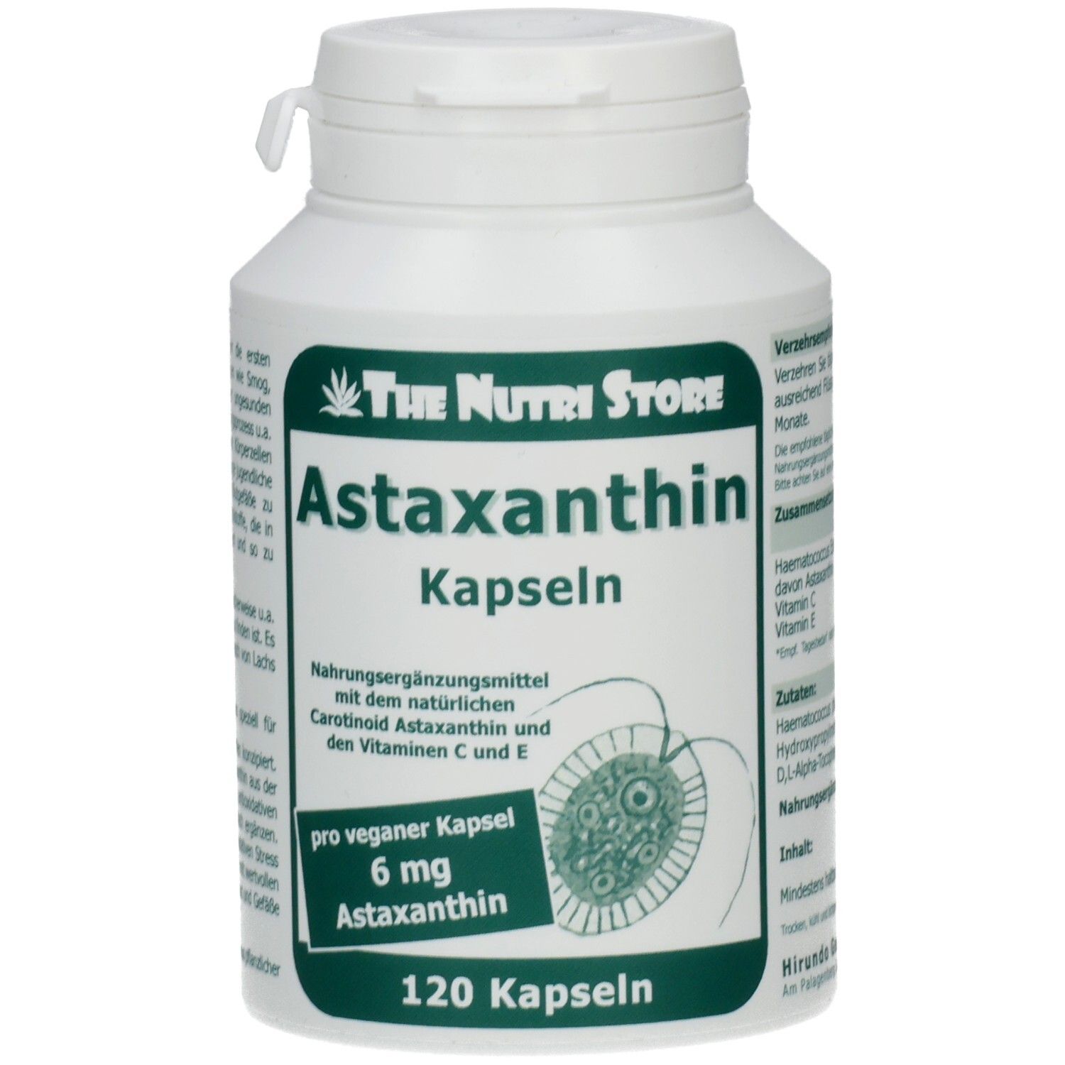 Weiße Flasche mit Astaxanthin Kapseln. Aufschrift: The Nutri Store, Astaxanthin Kapseln, 6 mg, 120 Kapseln.