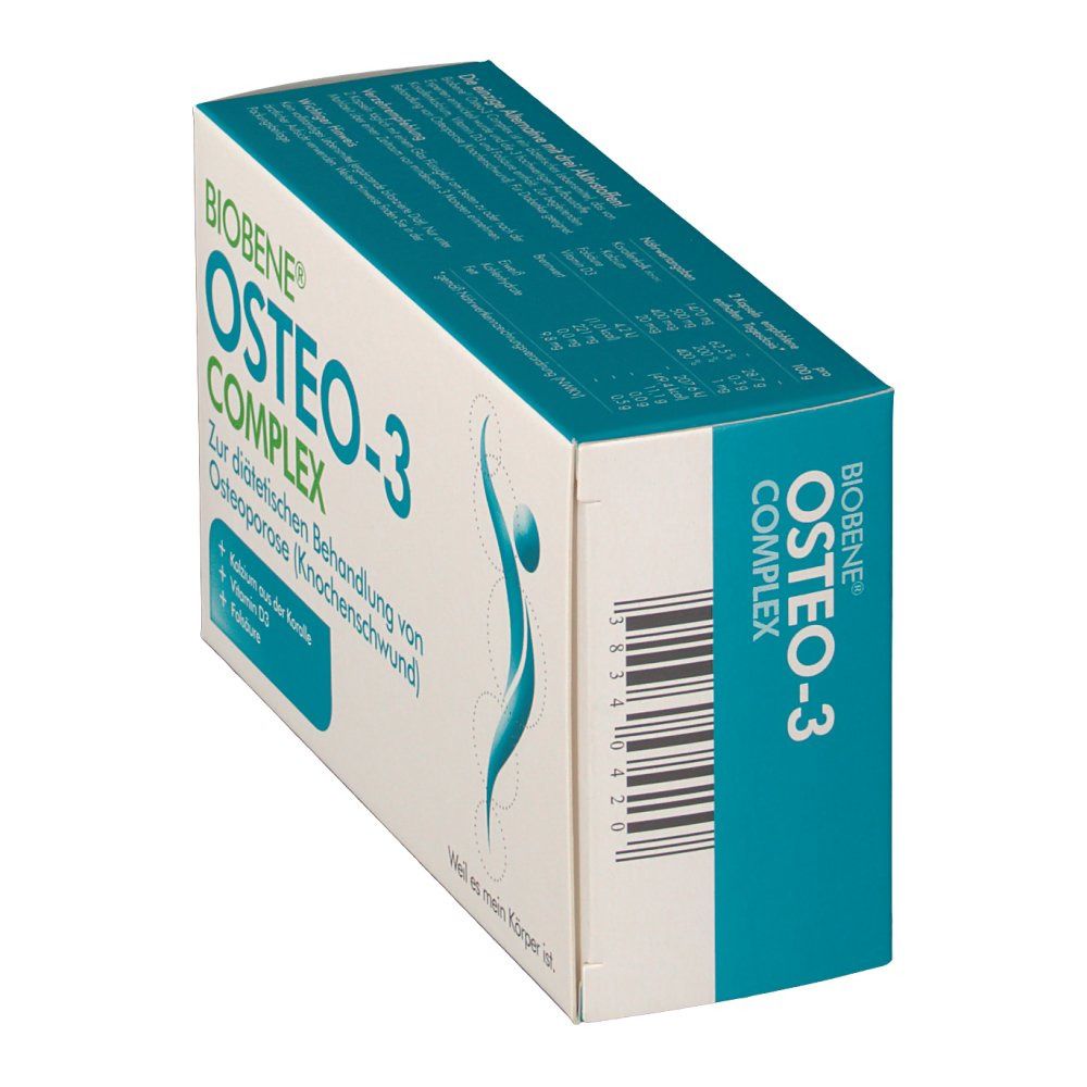 BIOBENE® OSTEO-3 Complex-Verpackung. Weiß-türkisfarbener Karton, schräg. Schriftzug und Logo. Enthält Informationen zur diätetischen Behandlung von Osteoporose.