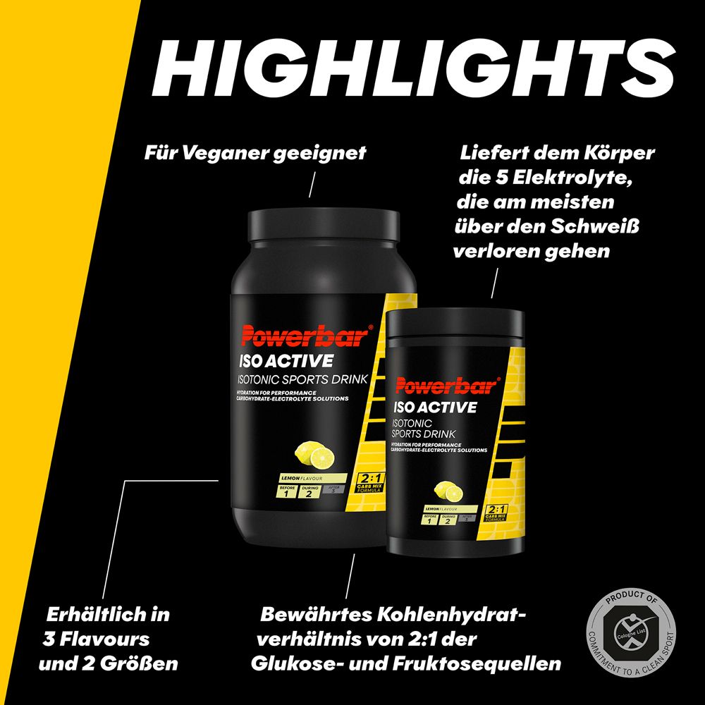 Zwei Dosen PowerBar Isoactive. Aufschrift: Isoactive, isotonisches Sportgetränk. Text: Für Veganer geeignet, 3 Geschmacksrichtungen.