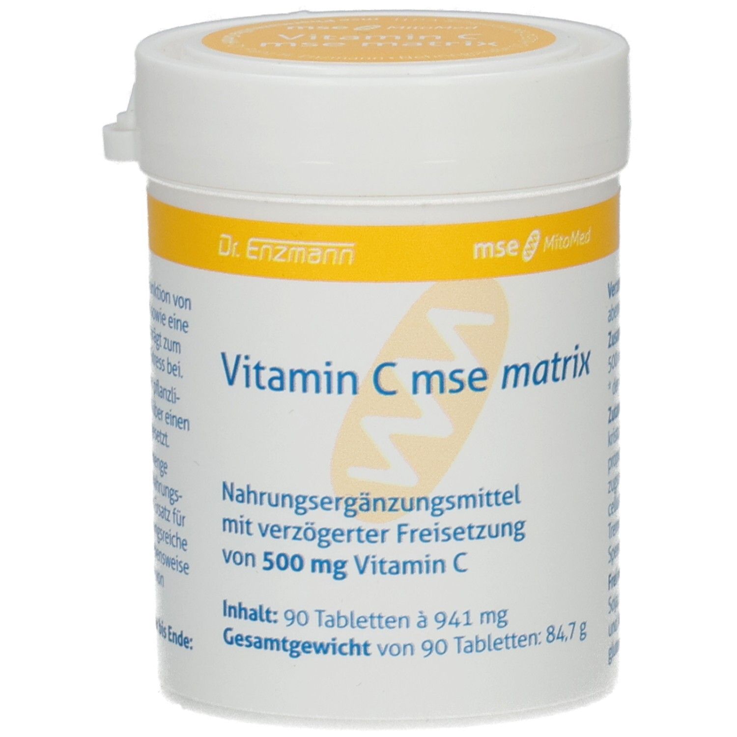 Weiße Dose mit gelbem Deckel. Aufschrift: Vitamin C mse matrix, 500 mg Vitamin C. Enthält 90 Tabletten.