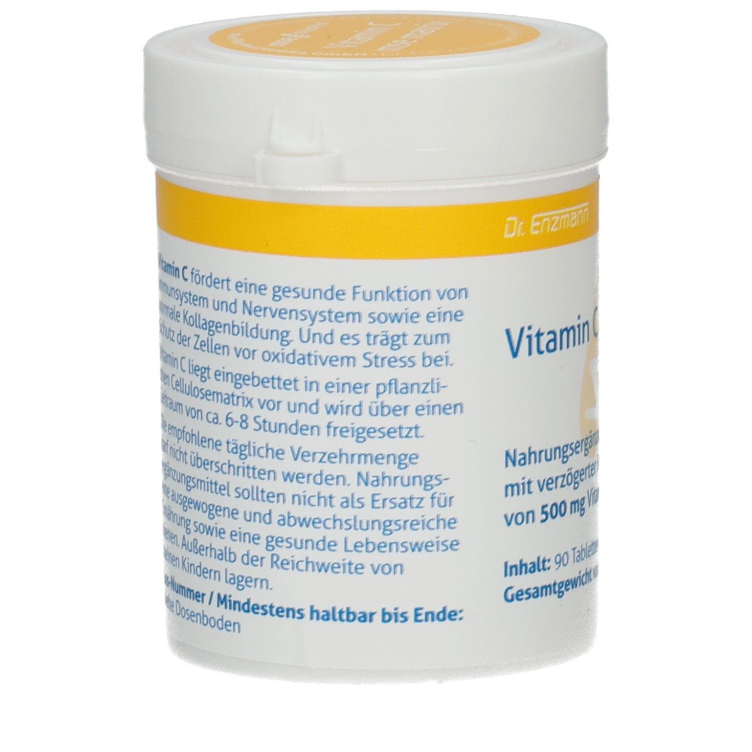 Weiße Dose mit gelbem Deckel. Aufschrift: Vitamin C. Text über die Wirkung von Vitamin C. Rückseite mit Informationen.