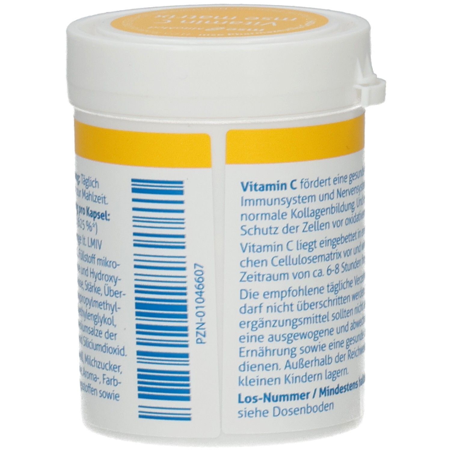 Weiße Dose mit gelbem Deckel. Aufschrift: Vitamin C. Rückseite mit Informationen, PZN-01046607.