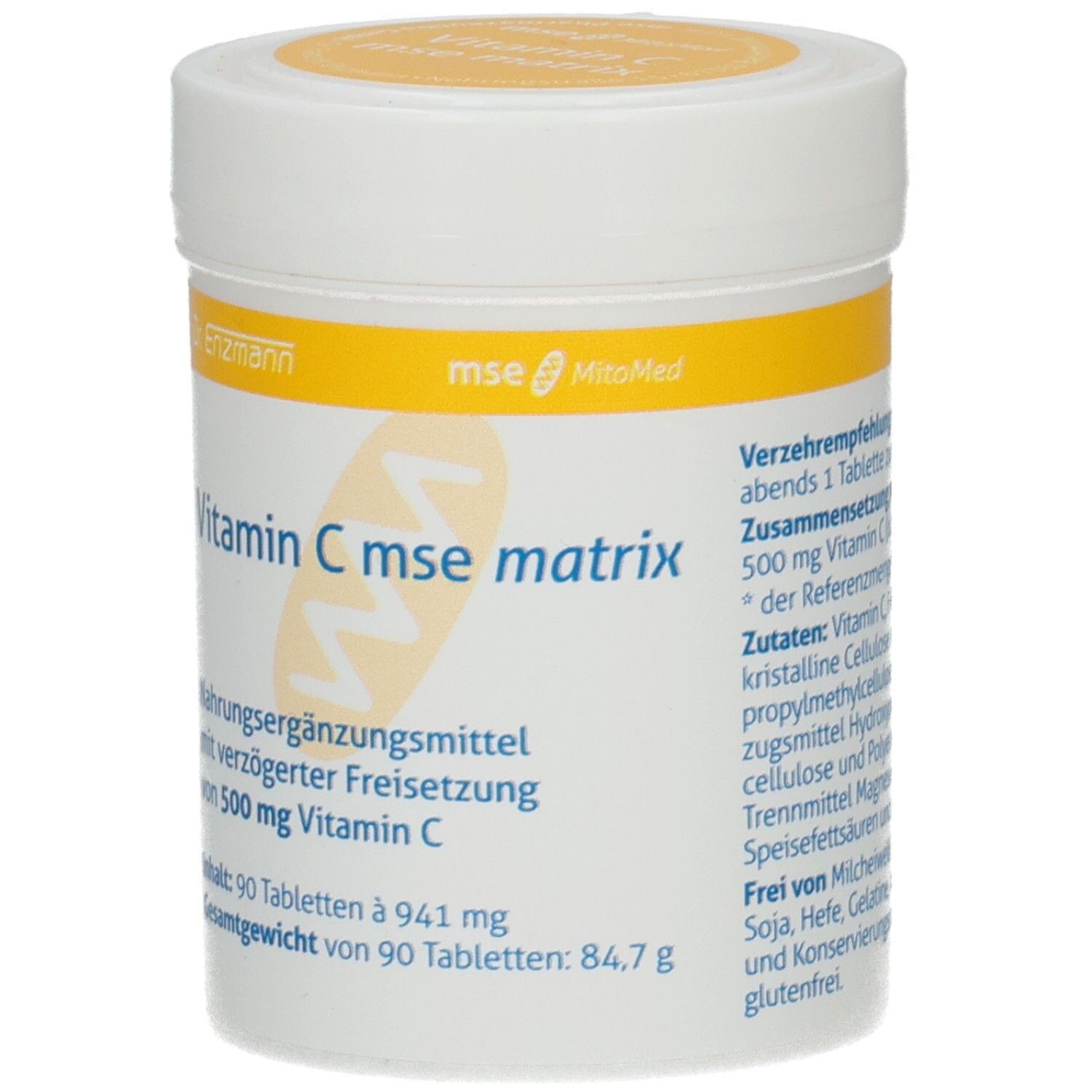Weiße Dose mit gelbem Deckel. Aufschrift: Vitamin C mse matrix, 500 mg Vitamin C. Enthält 90 Tabletten.