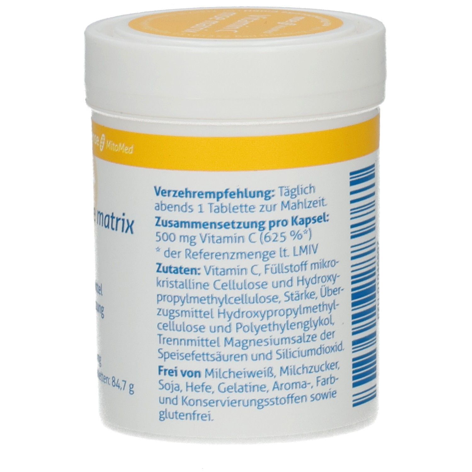 Weiße Dose mit gelbem Deckel. Aufschrift: Vitamin C mse matrix. Angaben zur Zusammensetzung und Verzehrempfehlung.