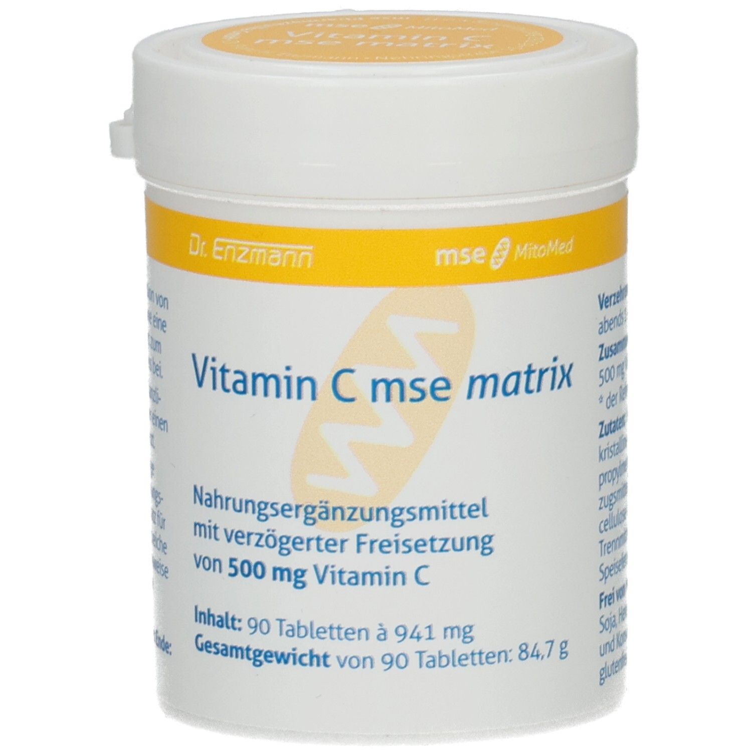 Weiße Dose mit gelbem Deckel. Aufschrift: Vitamin C mse matrix, 500 mg Vitamin C. Enthält 90 Tabletten.
