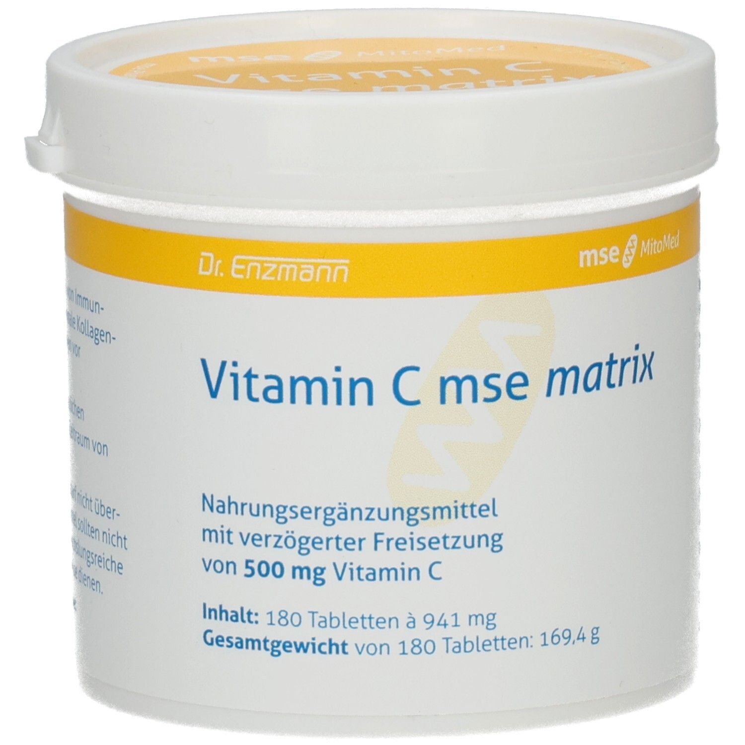 Weißer Behälter mit gelbem Deckel. Aufschrift: Vitamin C mse matrix. Nahrungsergänzungsmittel mit 500 mg Vitamin C. 180 Tabletten.