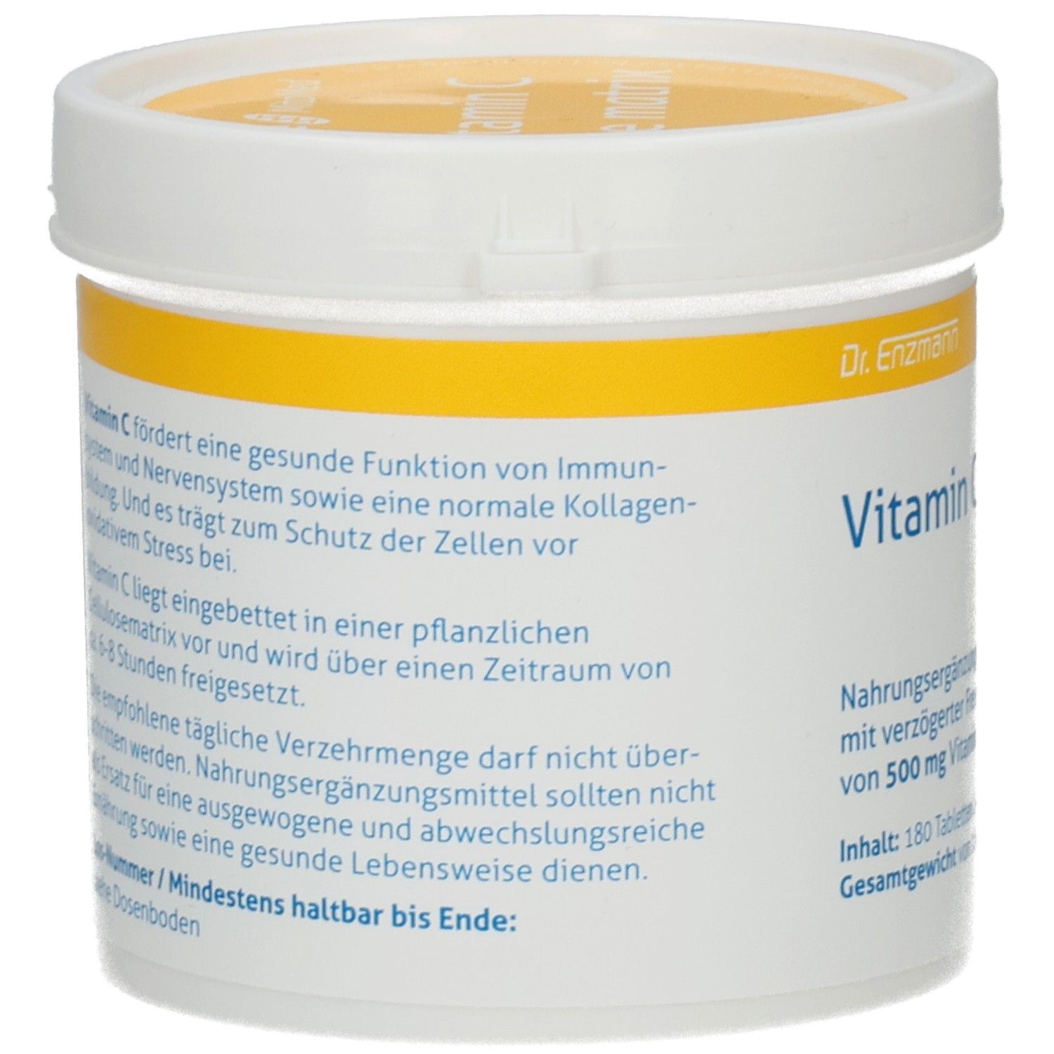 Rückseite des weißen Behälters mit gelbem Deckel. Text über Vitamin C und Inhaltsstoffe. Mindesthaltbarkeitsdatum.