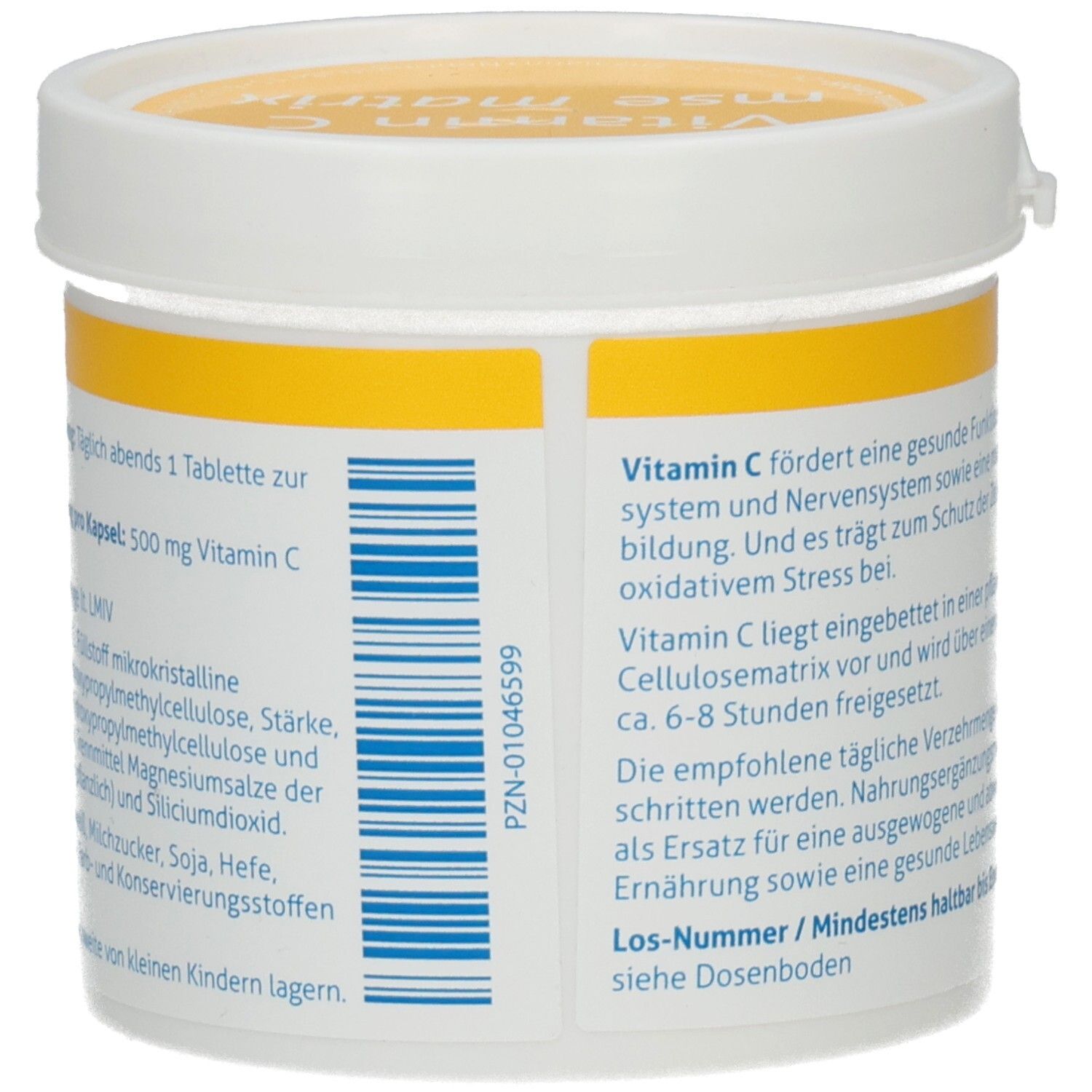 Rückseite des weißen Behälters mit gelbem Deckel. Text über Vitamin C und Inhaltsstoffe. Barcode und PZN-Nummer.