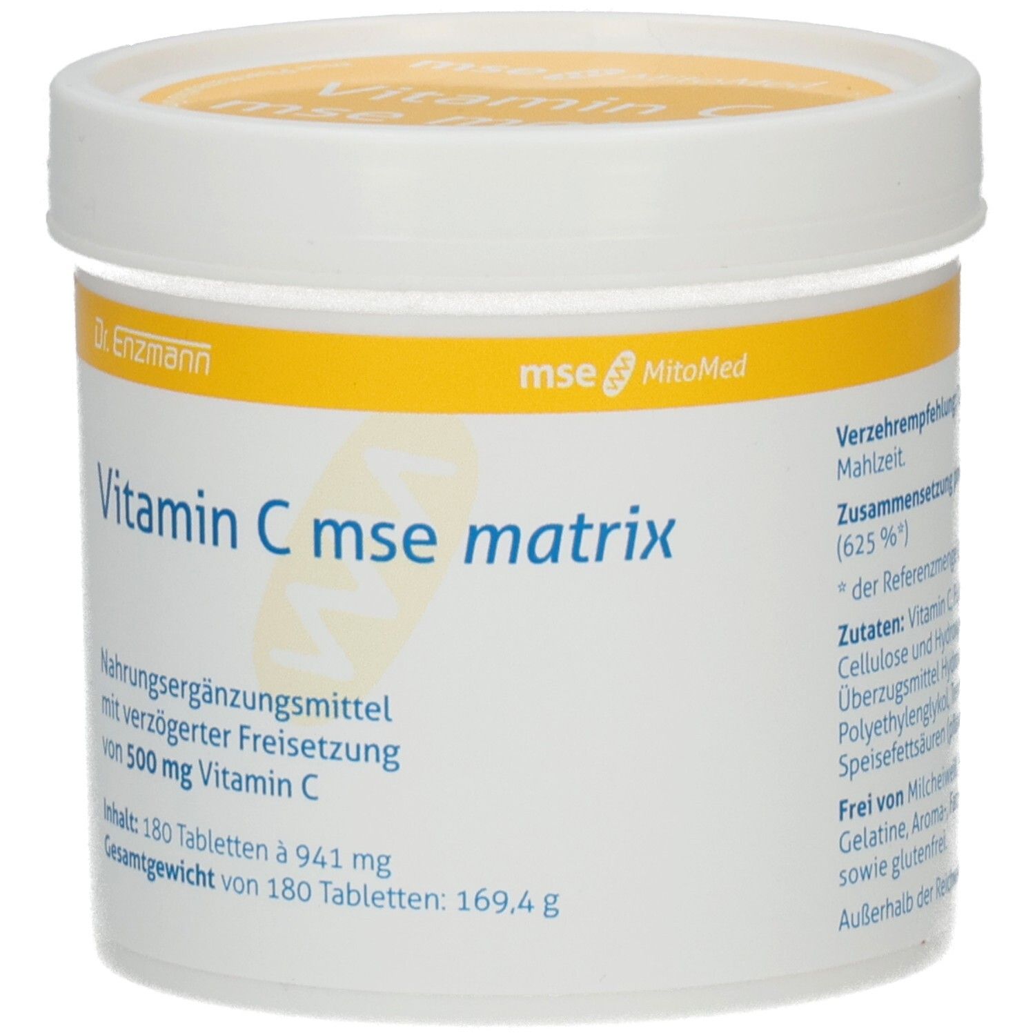 Weißer Behälter mit gelbem Deckel. Aufschrift: Vitamin C mse matrix. Nahrungsergänzungsmittel mit 500 mg Vitamin C. 180 Tabletten.