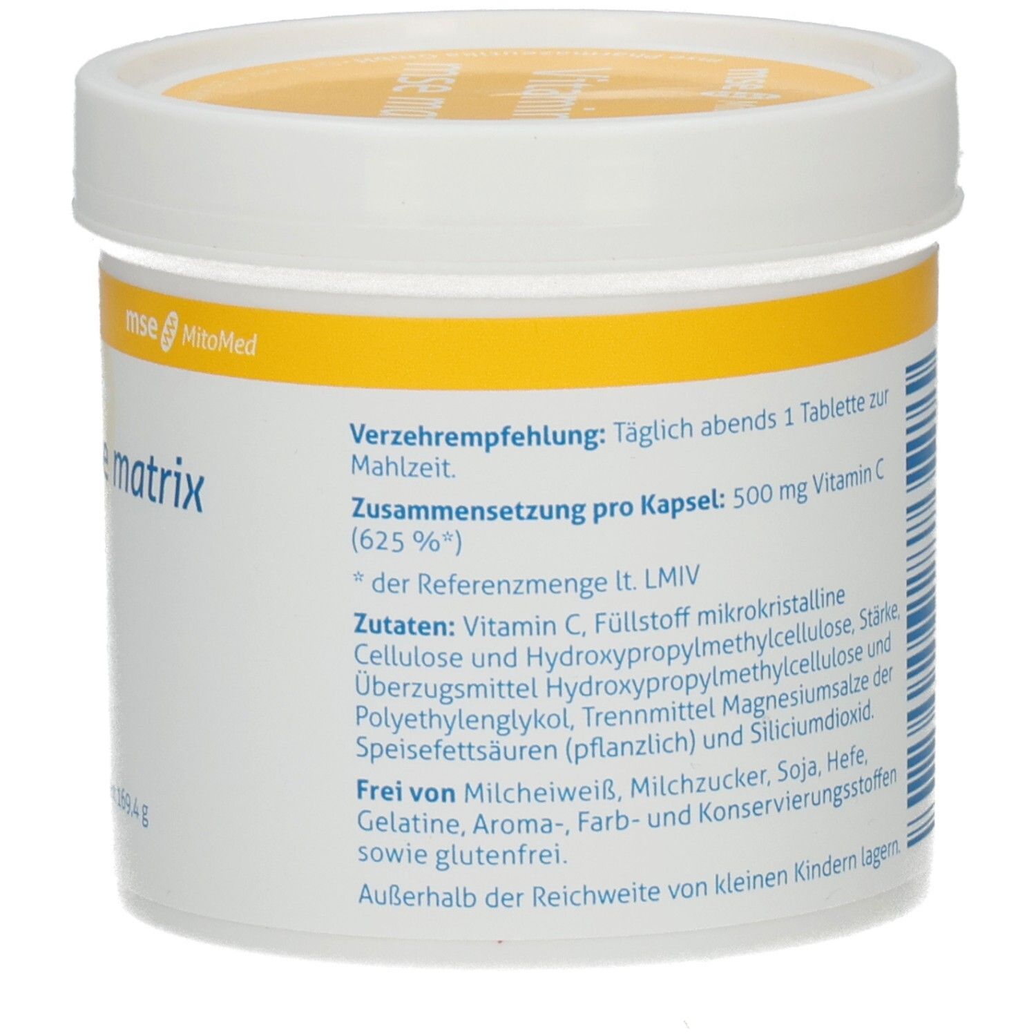 Rückseite des weißen Behälters mit gelbem Deckel. Text über Vitamin C und Inhaltsstoffe. Verzehrempfehlung.