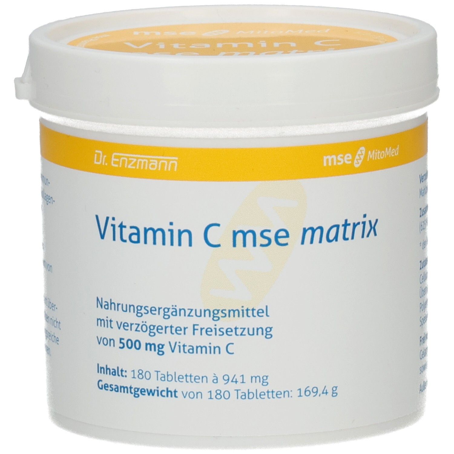 Weißer Behälter mit gelbem Deckel. Aufschrift: Vitamin C mse matrix. Nahrungsergänzungsmittel mit 500 mg Vitamin C. 180 Tabletten.