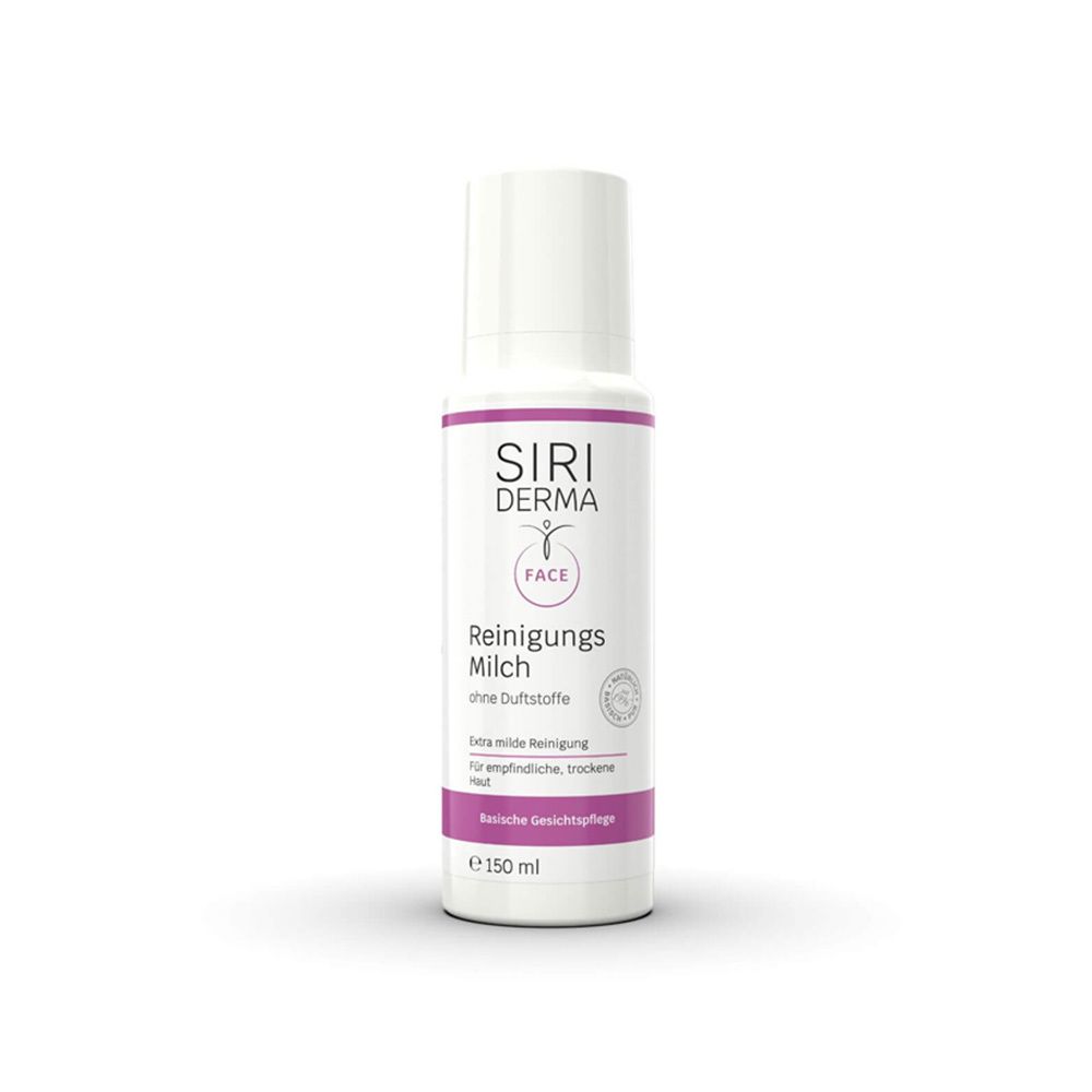 Weiße Flasche mit Pumpverschluss. Aufdruck: SIRIDERMA, Reinigungs Milch, ohne Duftstoffe. Rosa Etikett mit Text.