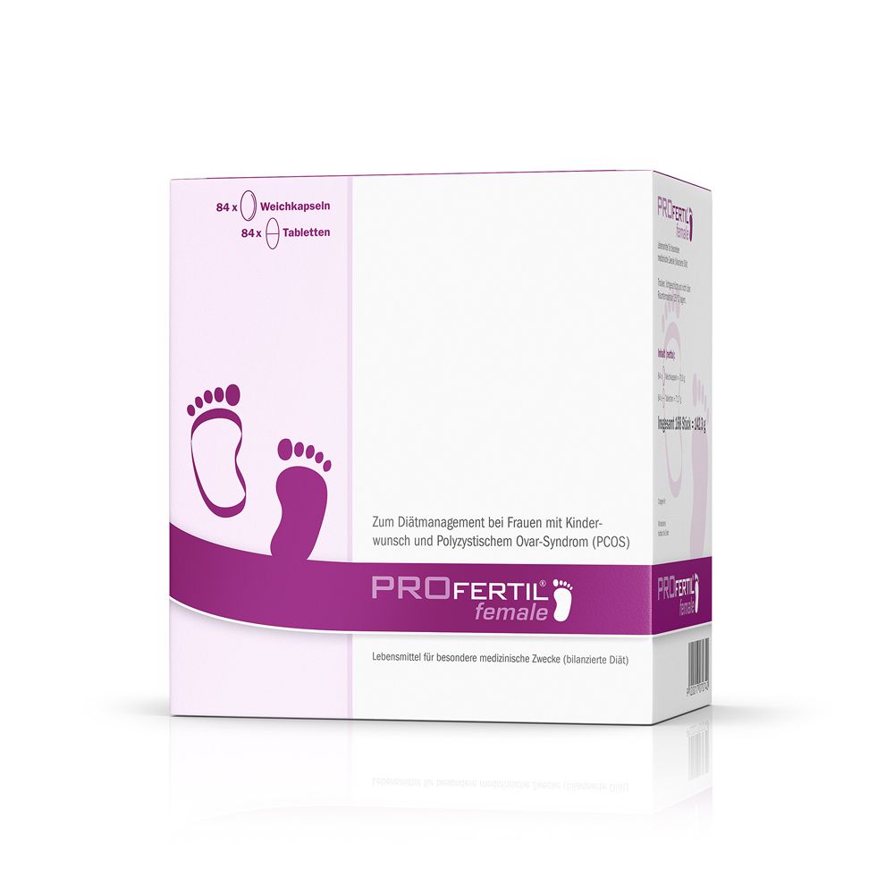 PROFERTIL female-Verpackung. Weiß mit lila Akzenten. Füße-Symbol. Enthält 84 Weichkapseln und 84 Tabletten.