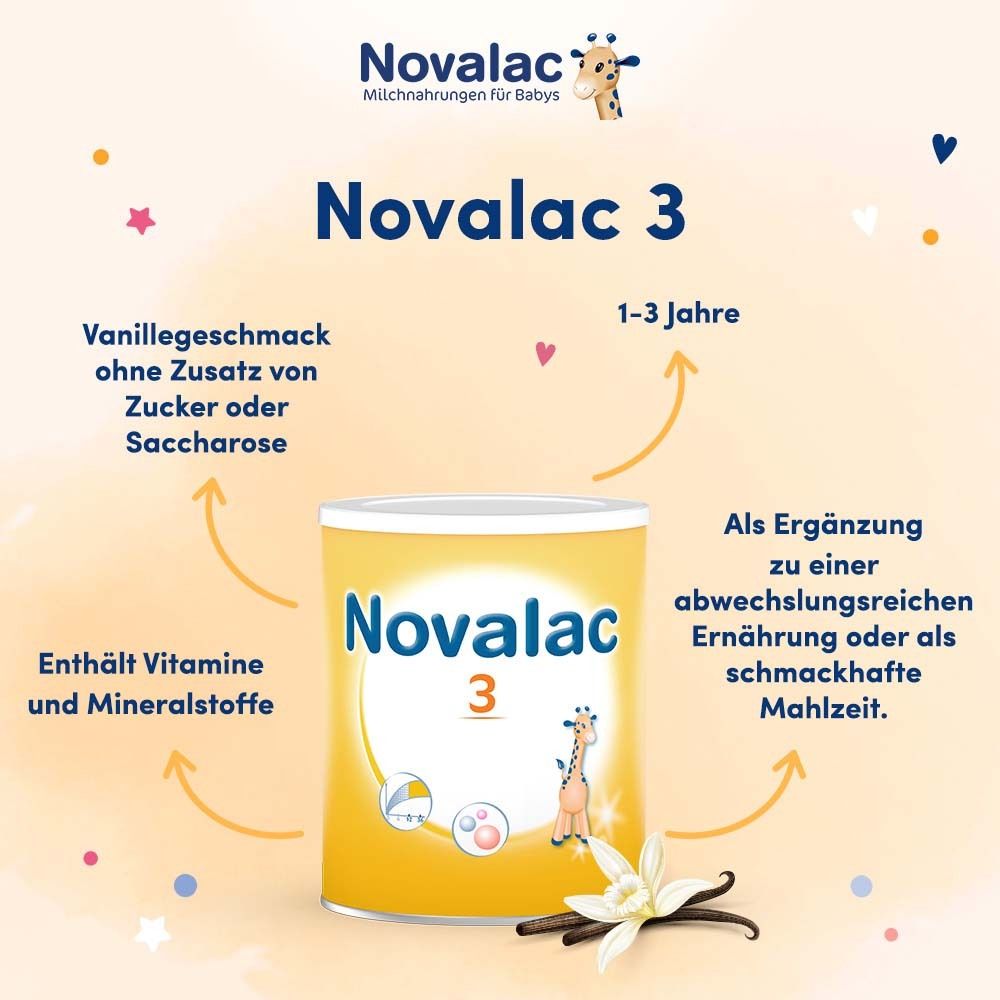 Novalac 3 Dose mit Text: Vanillegeschmack, ohne Zucker, enthält Vitamine und Mineralstoffe. Mit Pfeilen.