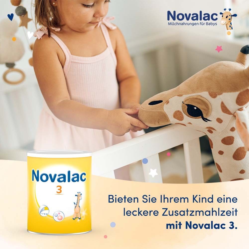 Kind mit Novalac 3 Dose. Text: Bieten Sie Ihrem Kind eine leckere Zusatzmahlzeit mit Novalac 3.