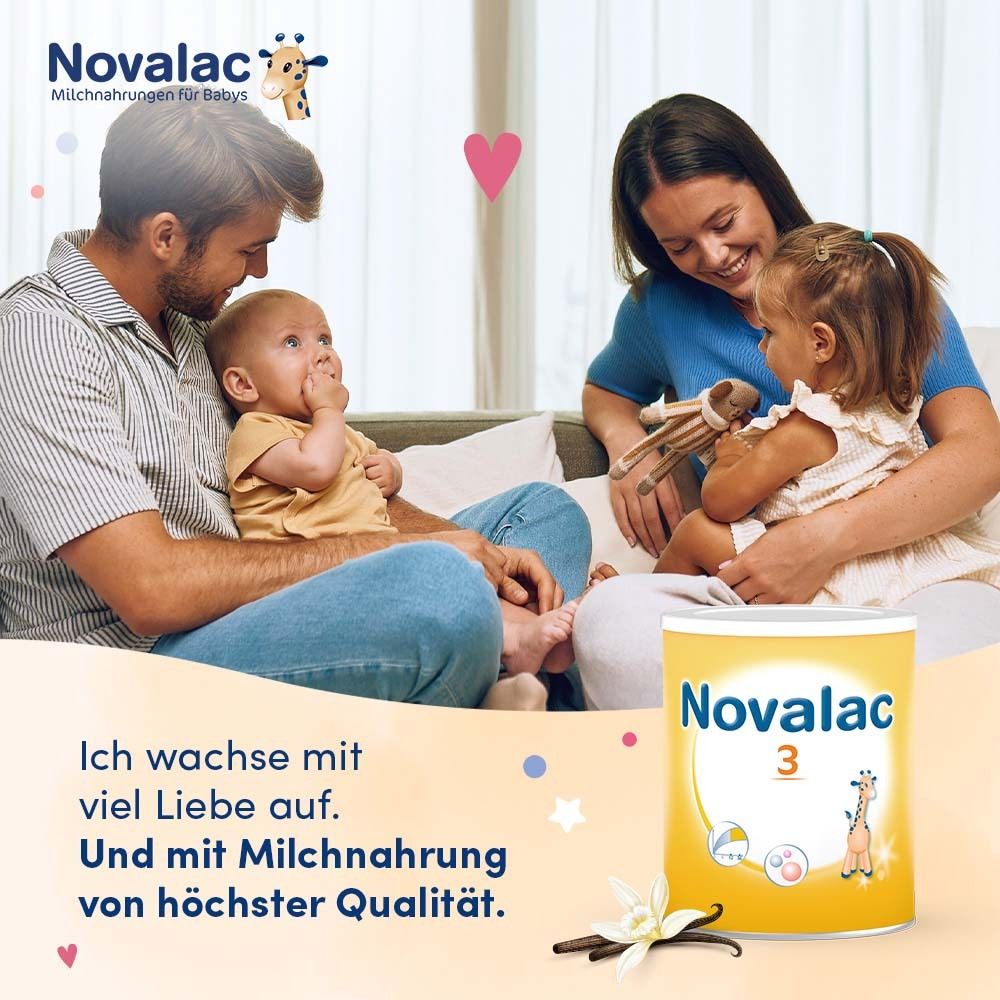 Eltern mit Babys, Novalac 3 Dose. Text: Ich wachse mit viel Liebe auf. Und mit Milchnahrung von höchster Qualität.