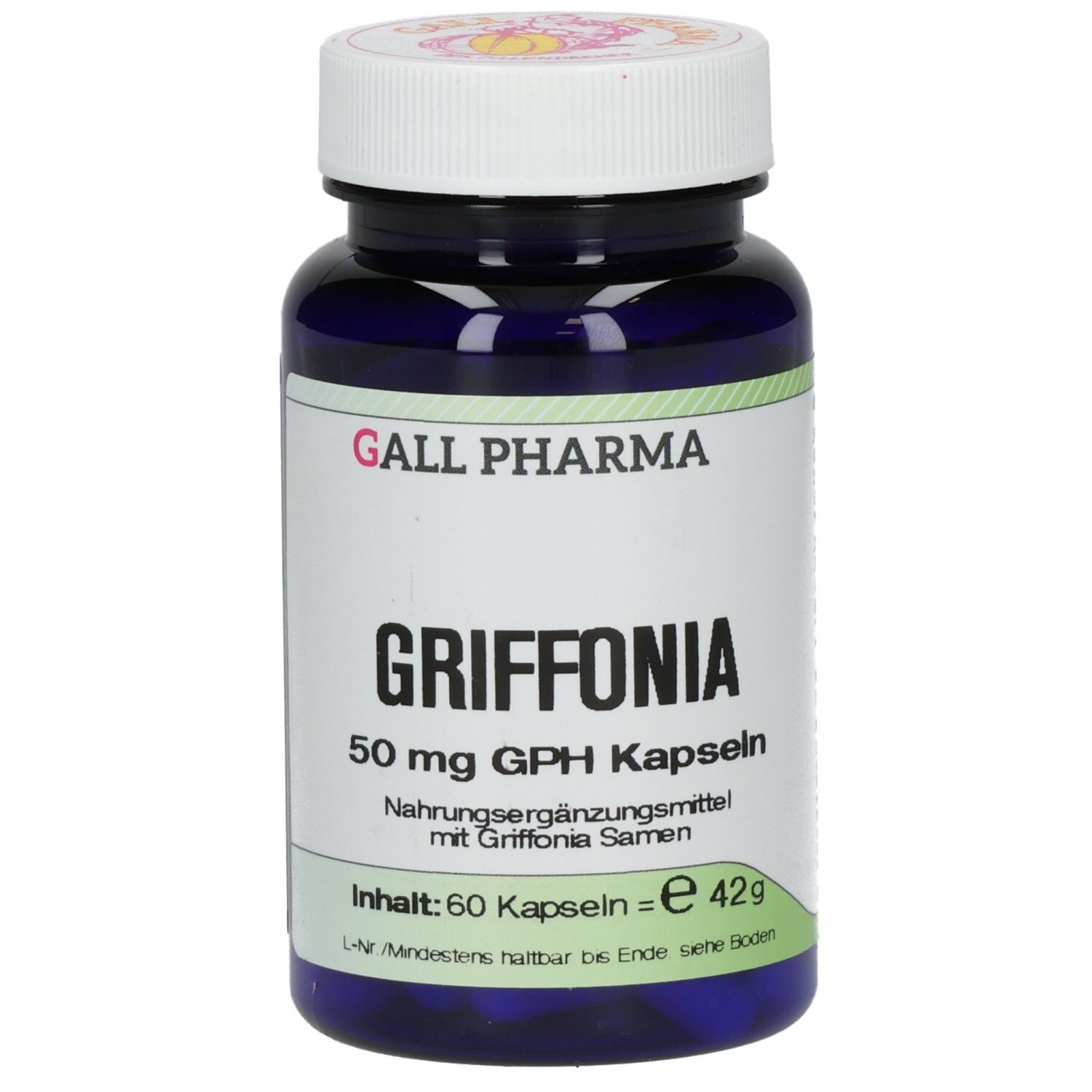 Blaue Flasche mit weißen Deckel. Aufschrift: Griffonia 50 mg GPH Kapseln. Marke: GALL PHARMA. Inhalt: 60 Kapseln.