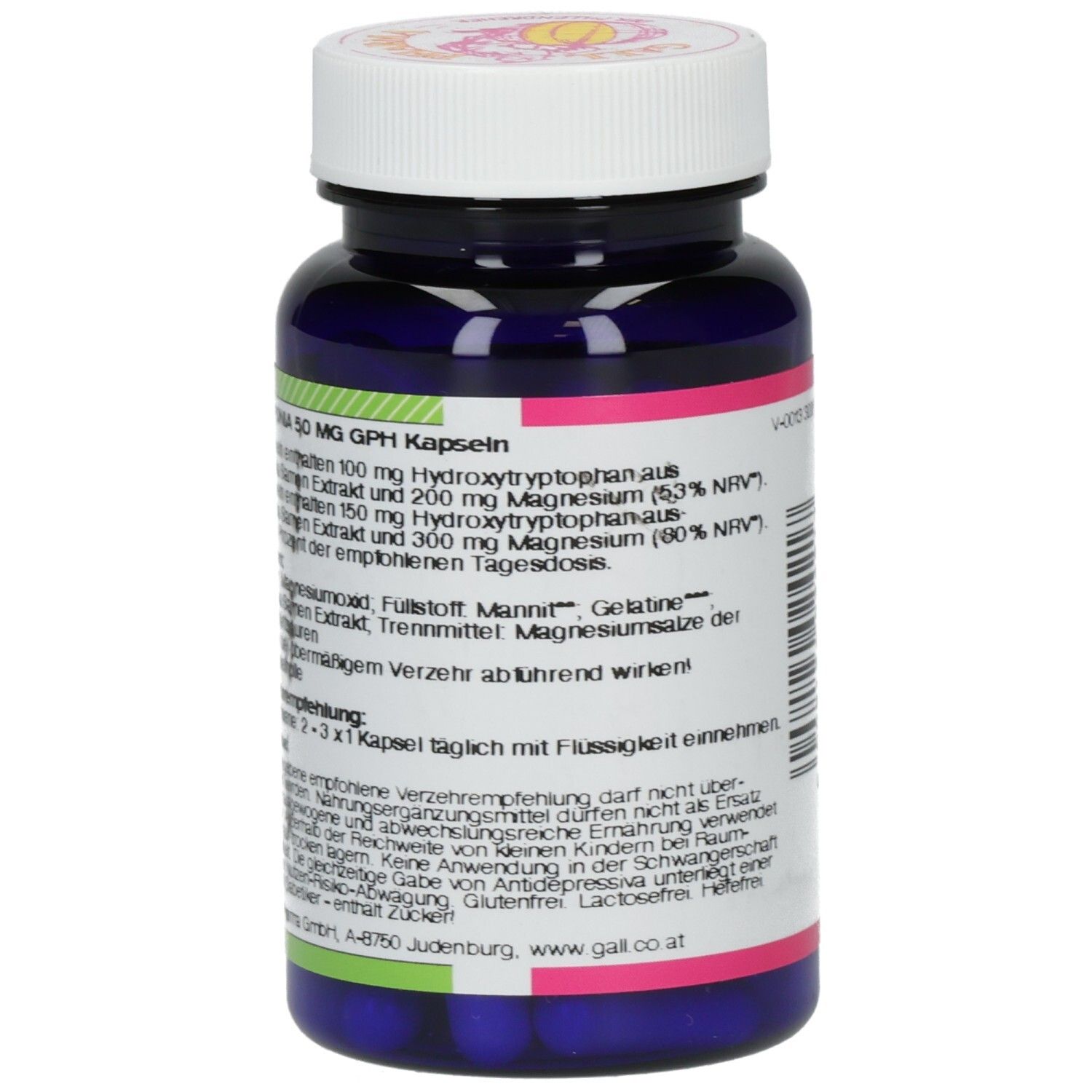 Blaue Flasche mit weißem Deckel. Rückseite mit Text. Aufschrift: Griffonia 50 mg GPH Kapseln. Marke: GALL PHARMA. Inhalt: 60 Kapseln.