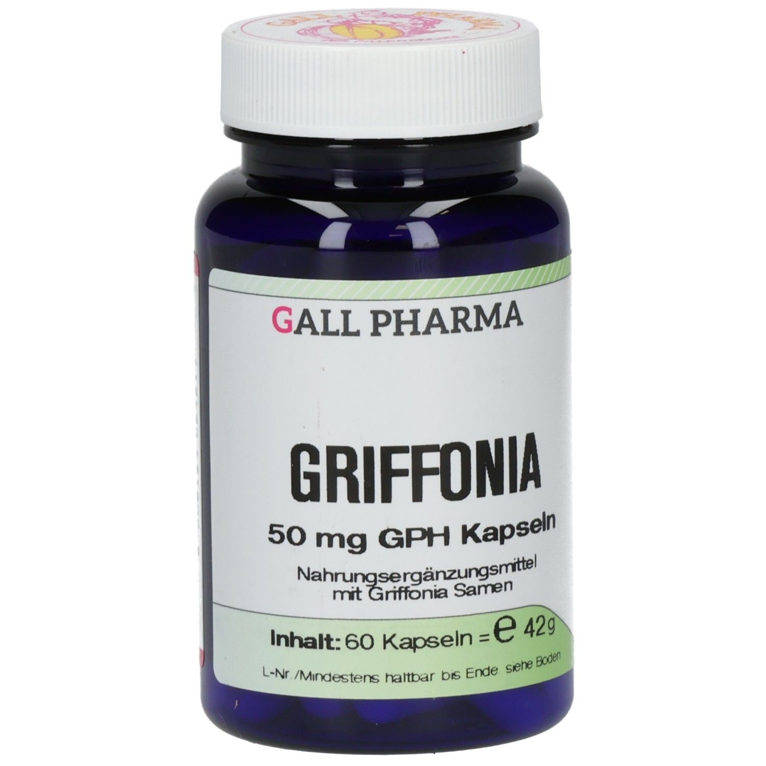 Blaue Flasche mit weißem Deckel. Aufschrift: Griffonia 50 mg GPH Kapseln. Marke: GALL PHARMA. Inhalt: 60 Kapseln.