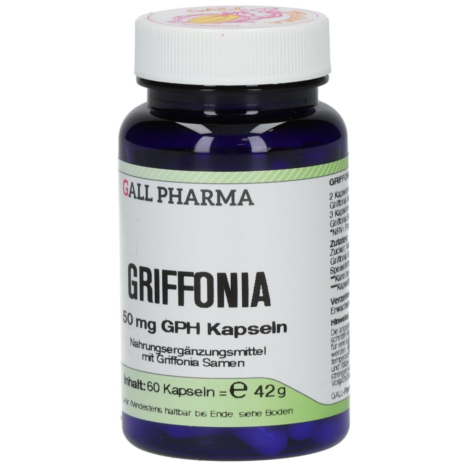 Blaue Flasche mit weißem Deckel. Aufschrift: Griffonia 50 mg GPH Kapseln. Marke: GALL PHARMA. Inhalt: 60 Kapseln.