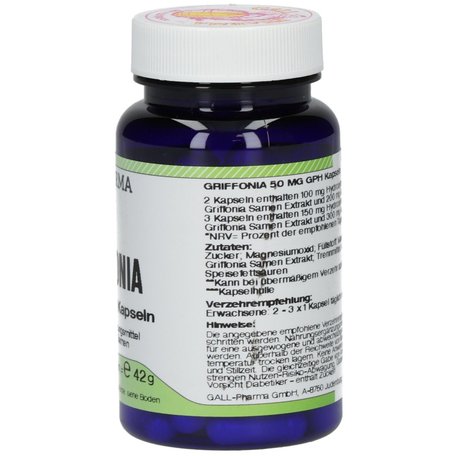 Blaue Flasche mit weißem Deckel. Rückseite mit Text. Aufschrift: Griffonia 50 mg GPH Kapseln. Marke: GALL PHARMA. Inhalt: 60 Kapseln.
