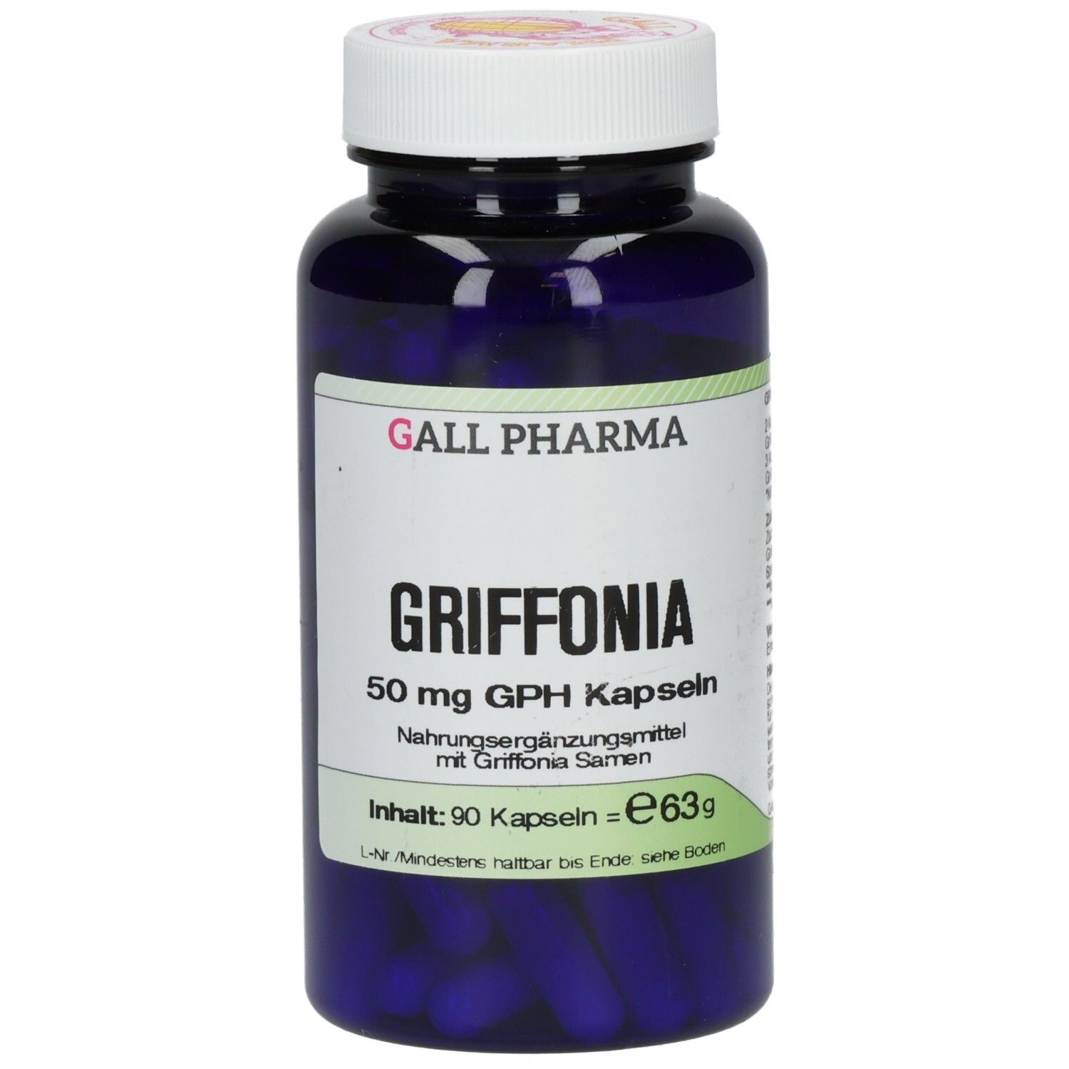Blaue Flasche mit weißen Kapseln. Aufschrift: GRIFFONIA 50 mg GPH Kapseln. 90 Kapseln. Marke: GALL PHARMA.