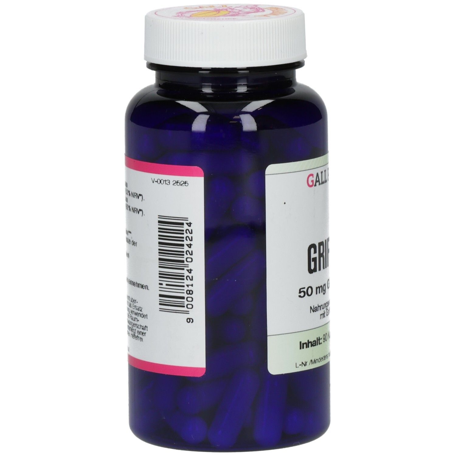 Blaue Flasche mit weißen Kapseln. Auf der Seite Barcode und Text. Marke: GALL PHARMA.