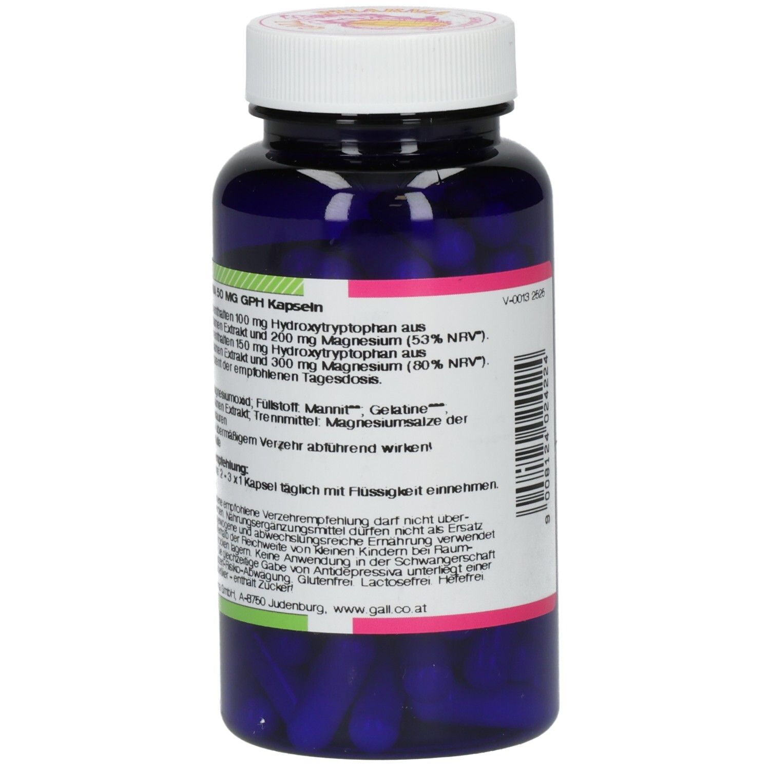 Blaue Flasche mit weißen Kapseln. Rückseite mit Text. Marke: GALL PHARMA.